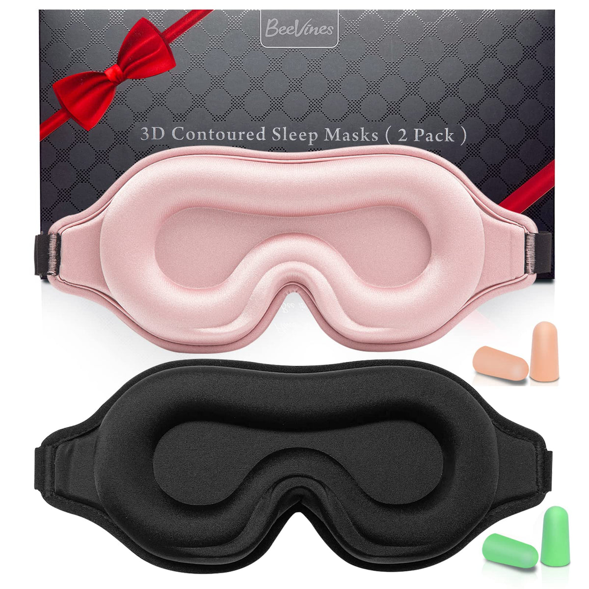 Blackout Sleep Mask for Women and Men, 2 Pack, Black and Pink