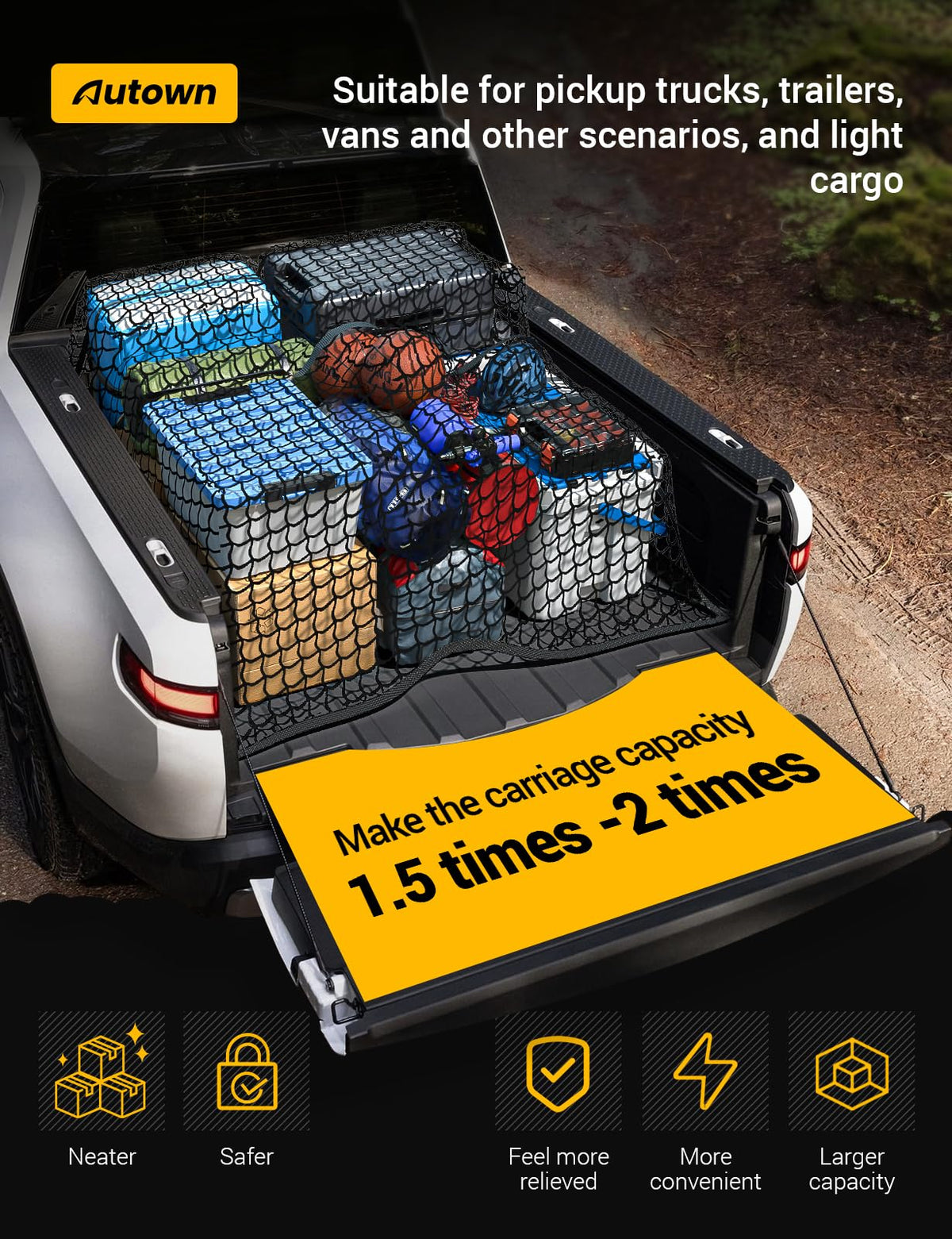 AUTOWN Stretchable Truck Bed Cargo Net with 8 Carabiners, 4' x 4'