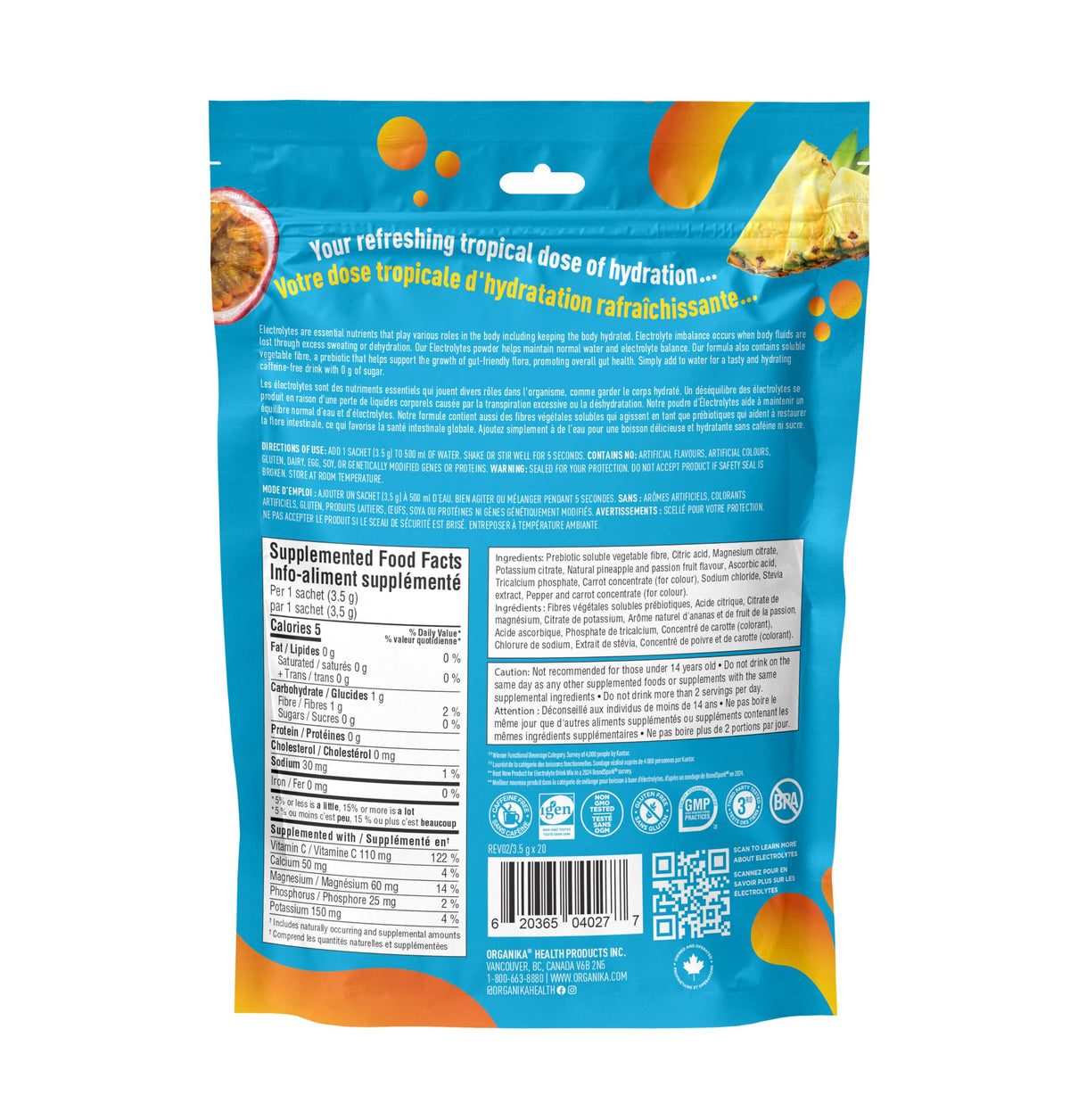 Organika Electrolytes Powder, Pineapple Passionfruit, 20 Sachets