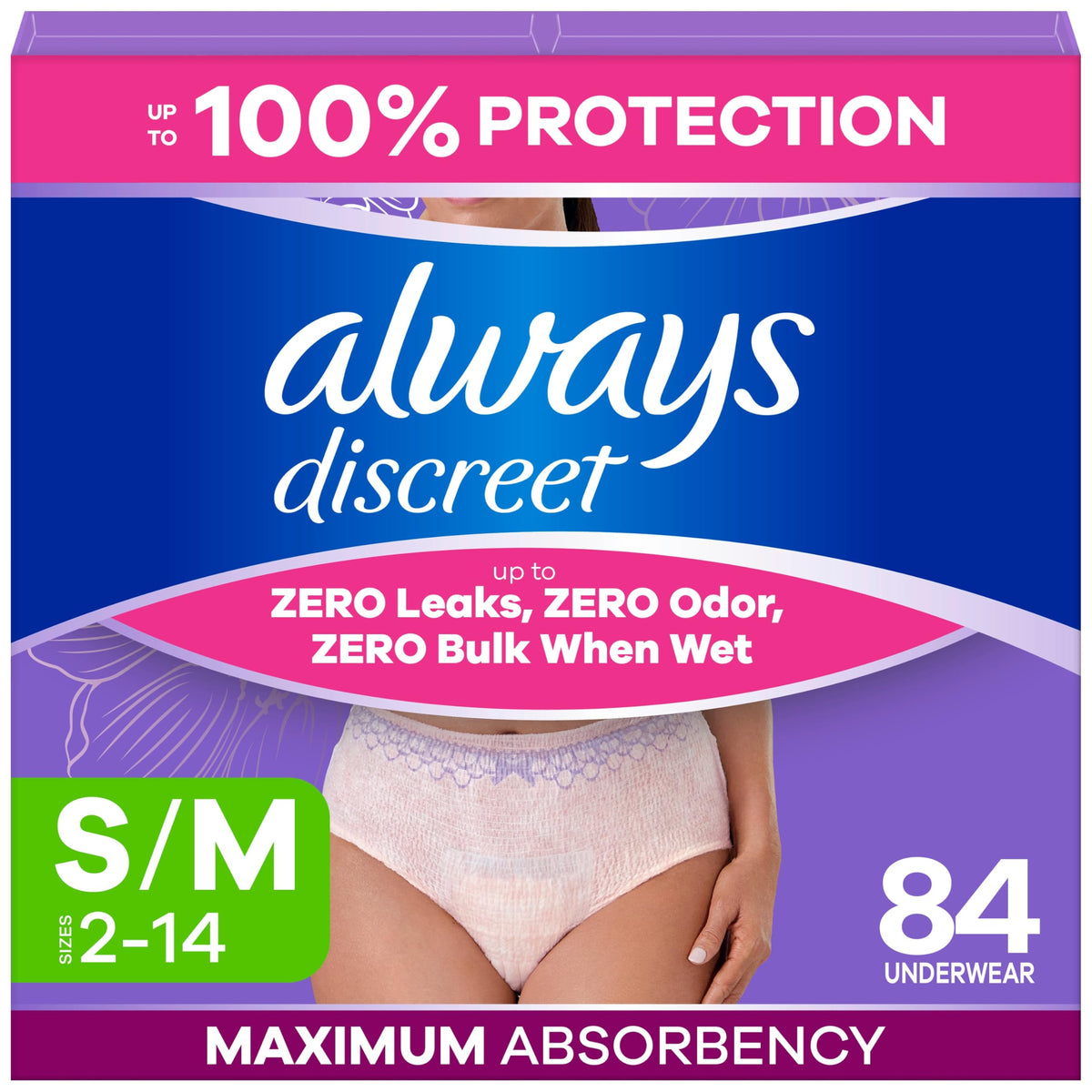 Always Discreet Maximum Incontinence Underwear, Women's S/M, 84 Count