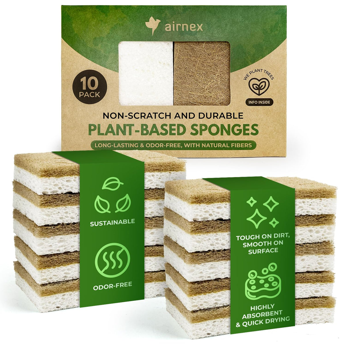 Airnex Biodegradable Cellulose and Coconut Kitchen Sponges, 10 Pack