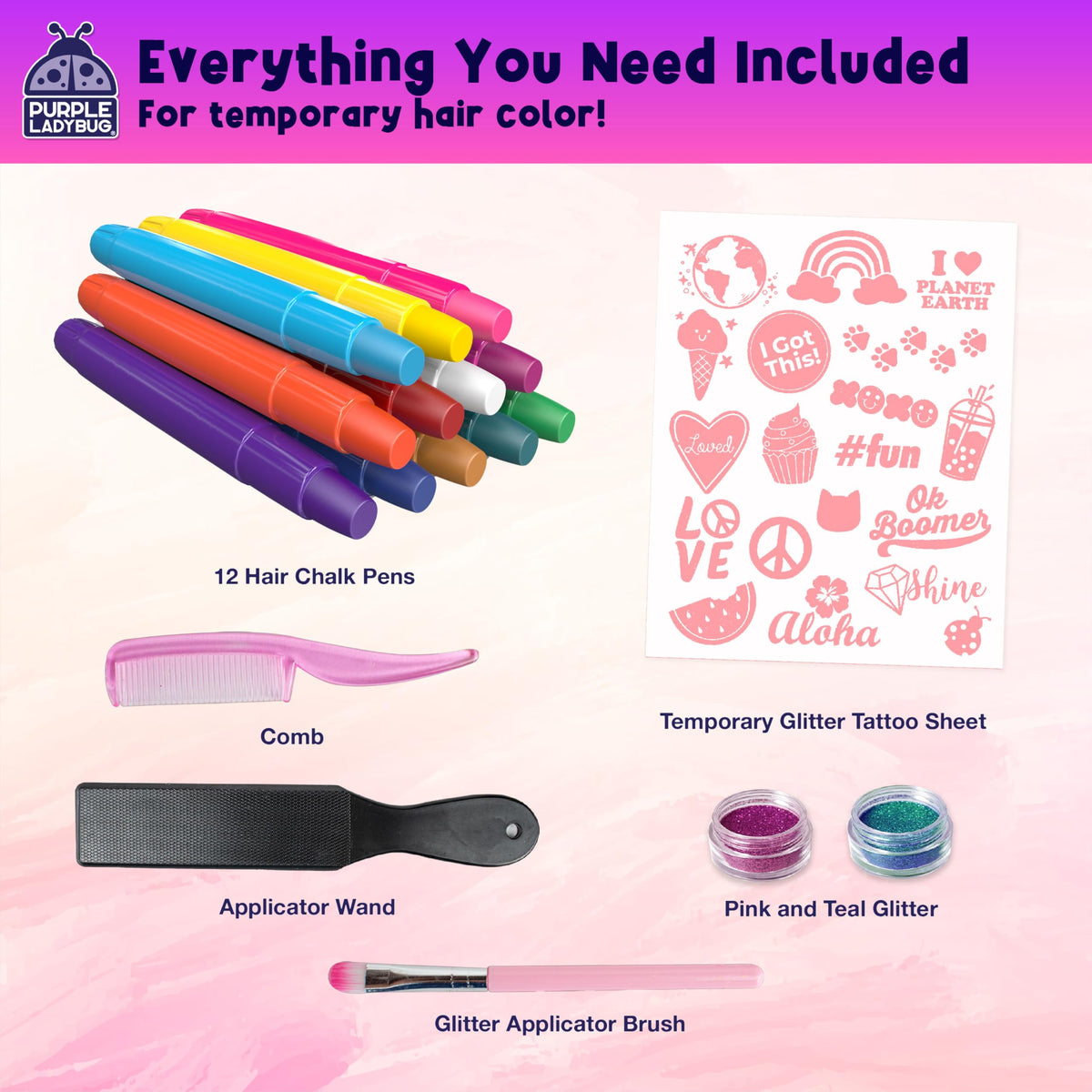 Purple Ladybug Temporary Hair Chalk for Kids, 12 Colours