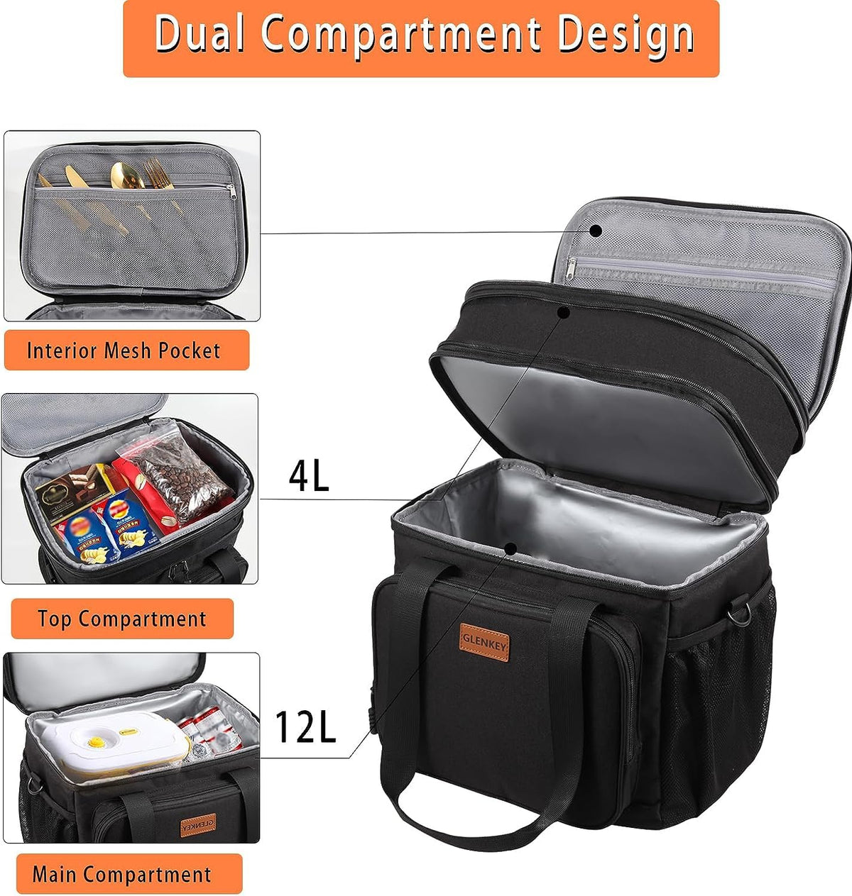GLENKEY Expandable Double Deck Insulated Lunch Bag, 16 L, Black