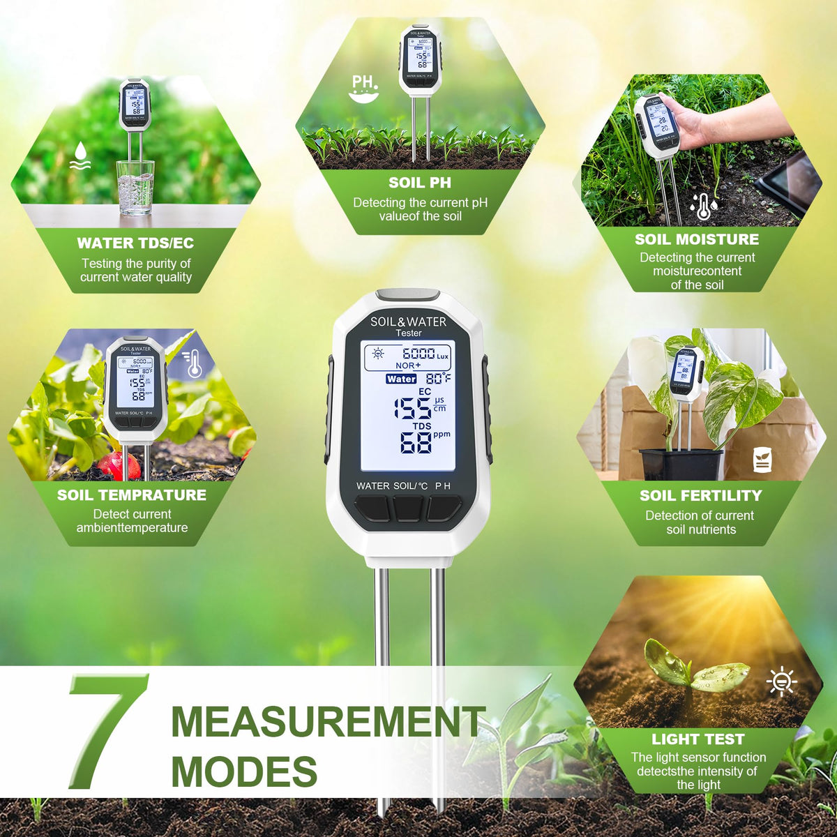 7-in-1 Digital Soil Meter for Moisture, pH, Light and Fertility