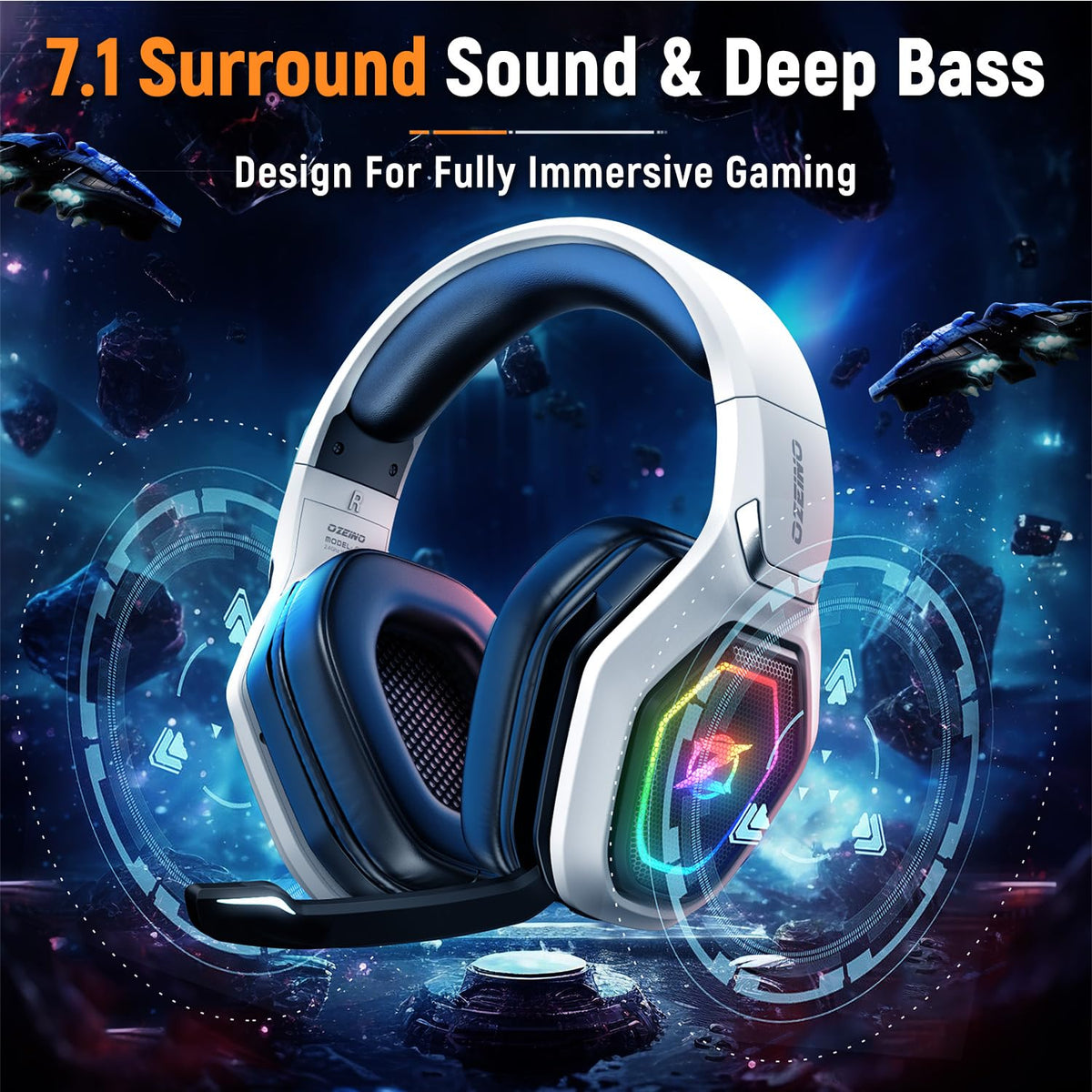 Ozeino Wireless Gaming Headset with Flip Mic, White