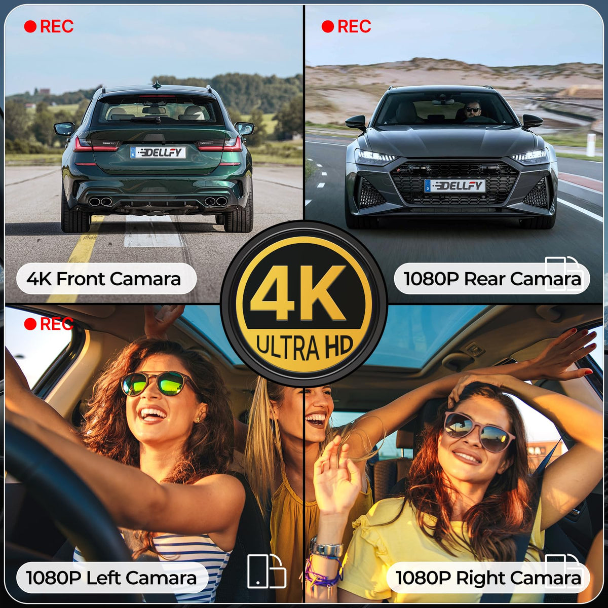 DELLFY 4-Channel 4K Dash Cam with GPS & 128 GB Card
