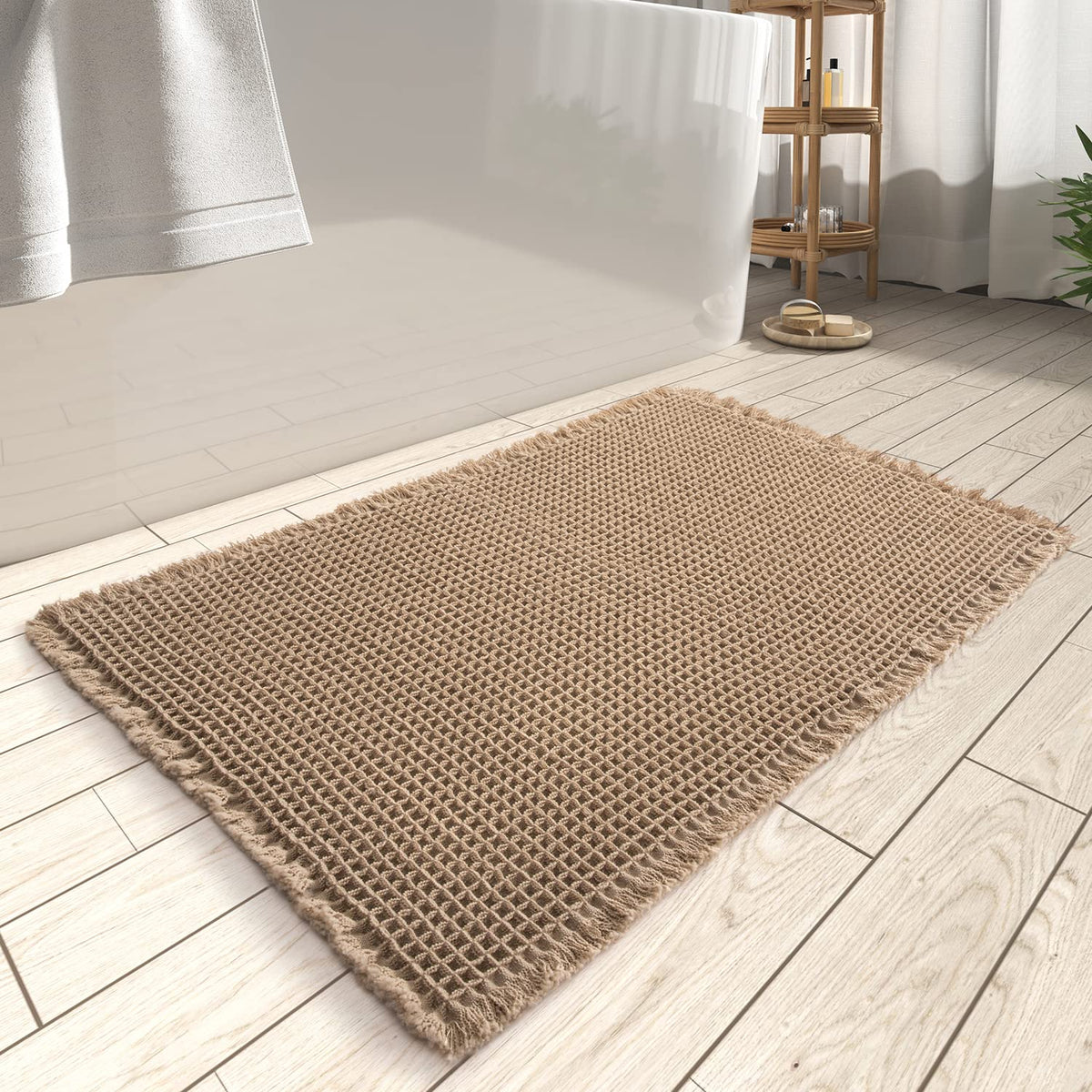 Rvolst Waffle Woven Bath Mat, Non Slip, Washable, 46x77cm, Brown