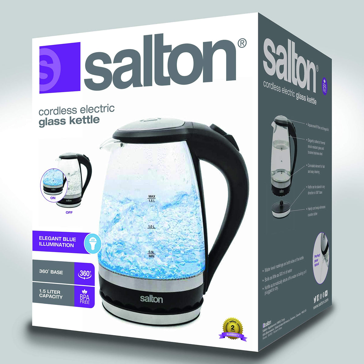 Salton Cordless Glass Electric Kettle, 1.5 L