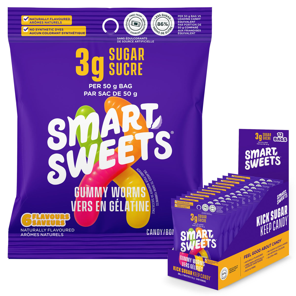 SmartSweets Gummy Worms Low Sugar Candy, 50g, 12 Pack
