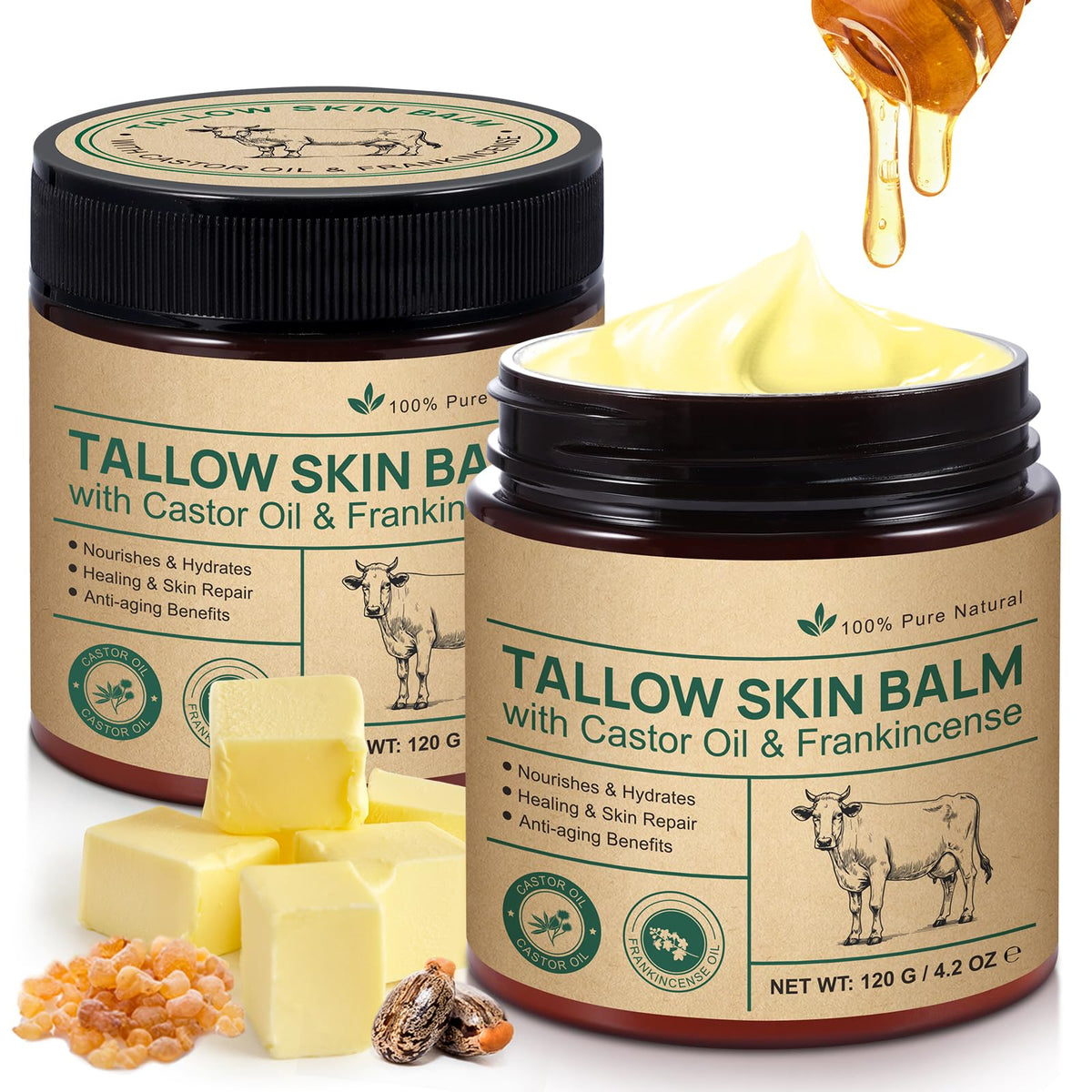 Grass Fed Whipped Beef Tallow Honey Balm, 120 g