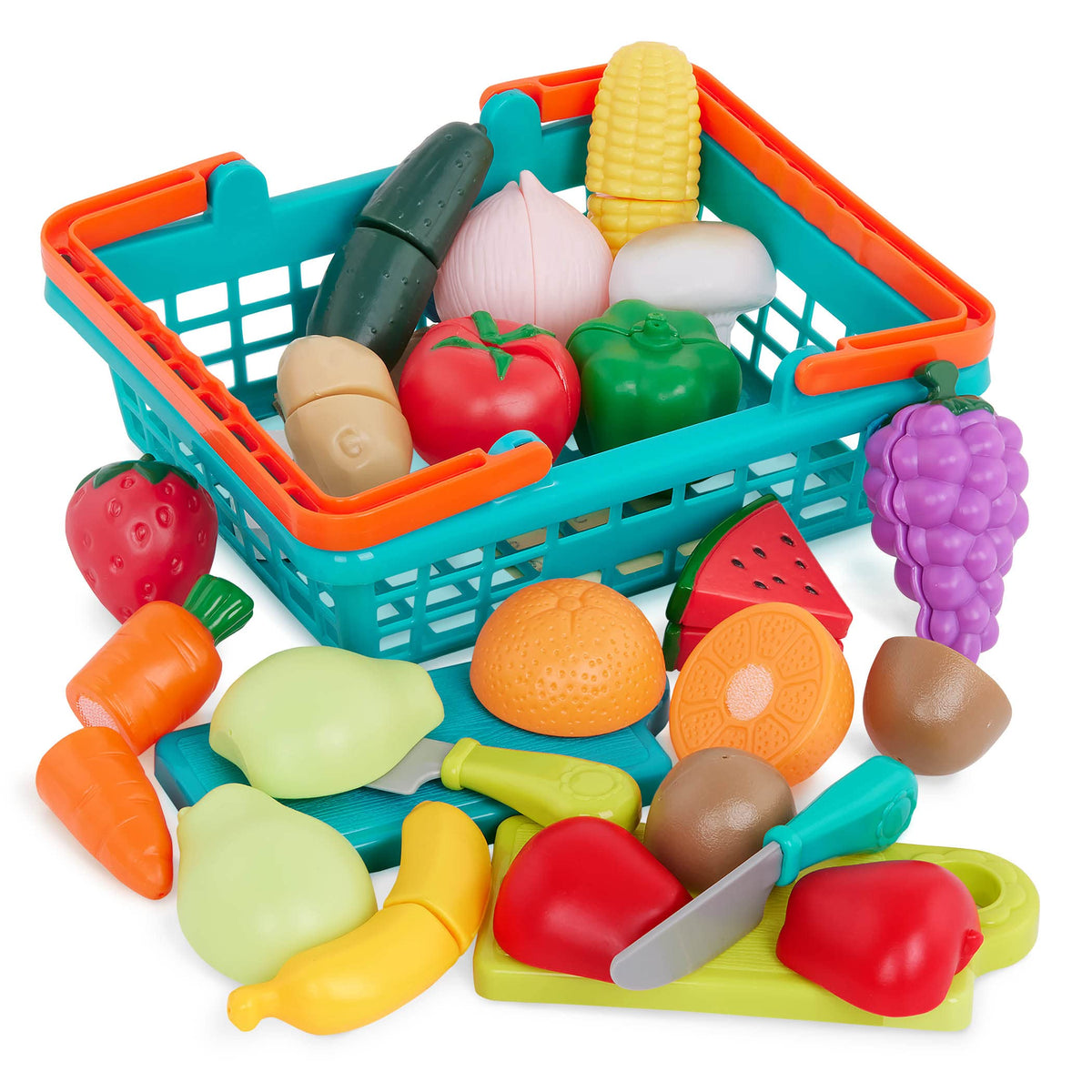 Battat Play Food Farmers Market Produce Basket, 37-Piece Set, Green