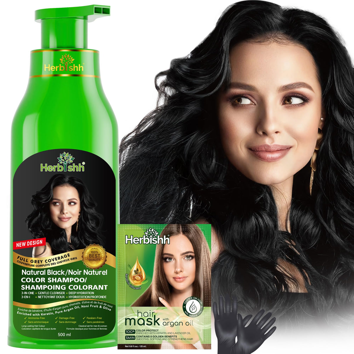 Herbishh 3-in-1 Hair Colour Shampoo, Black, 500 ml