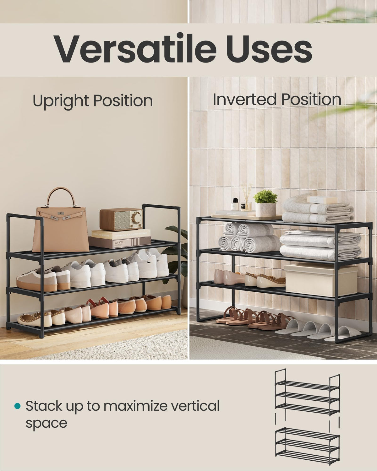 SONGMICS 3-Tier Stackable Shoe Rack, Black ULSA303B02