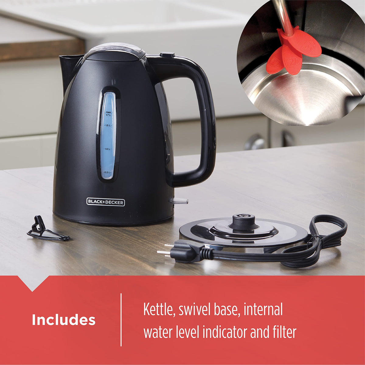 Black+Decker 1.7 L Cordless Electric Kettle with Removable Filter