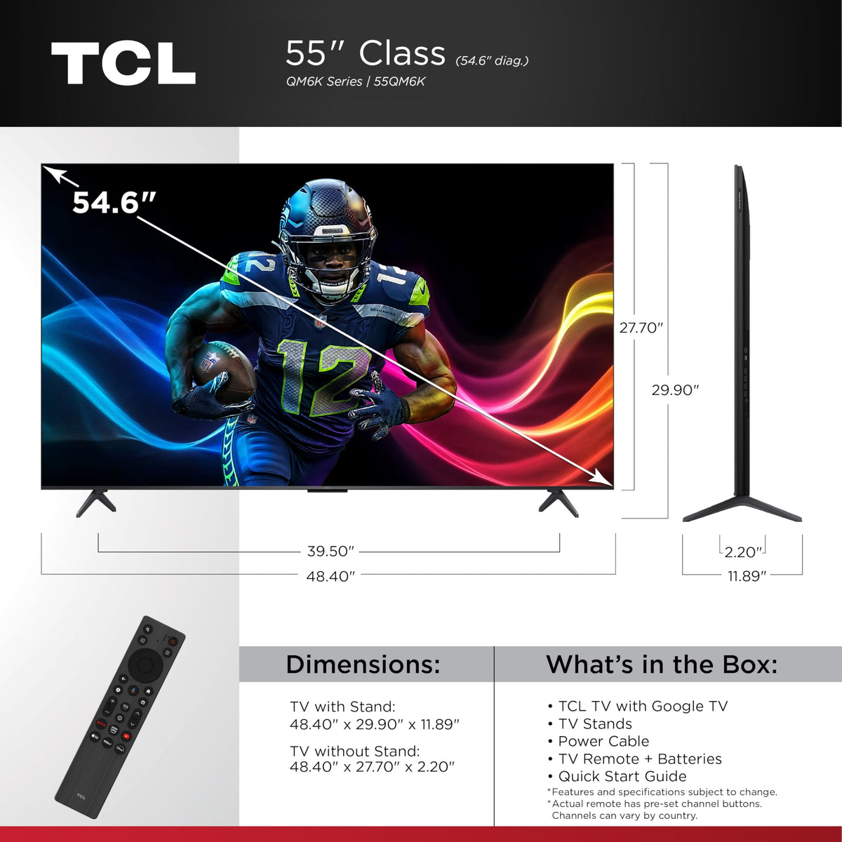 TCL 55-Inch QM6K Series QLED 4K Smart QD-Mini LED TV with Google TV