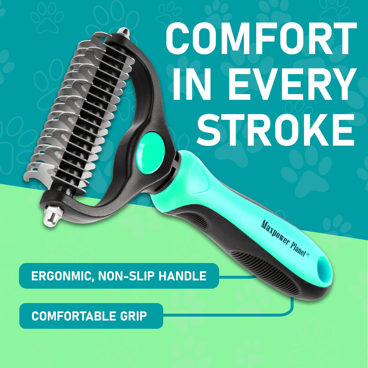 Maxpower Planet Double-Sided Pet Grooming Rake, Turquoise