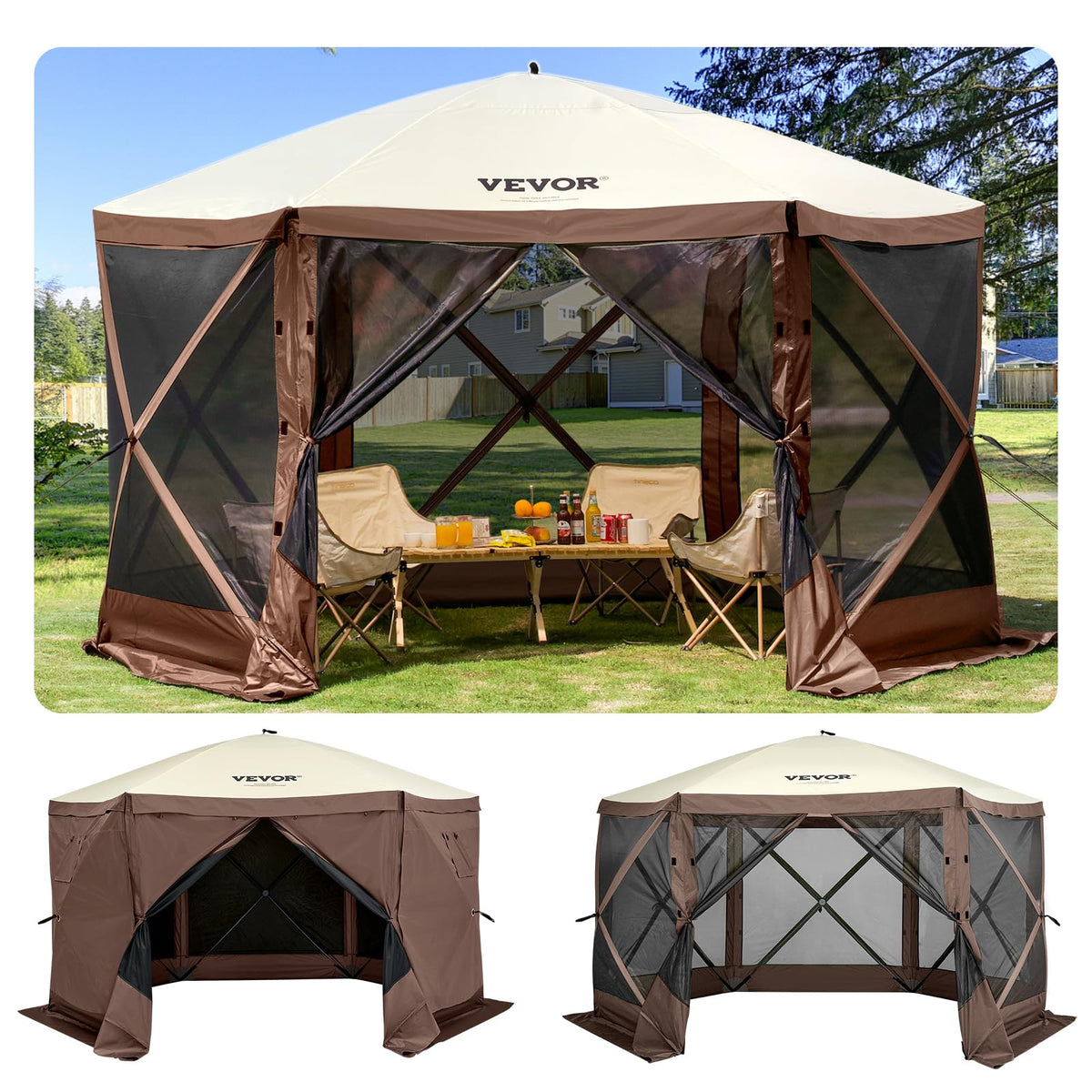 VEVOR 6-Sided Pop-Up Gazebo Screen Tent, 12' x 12', Brown & Beige
