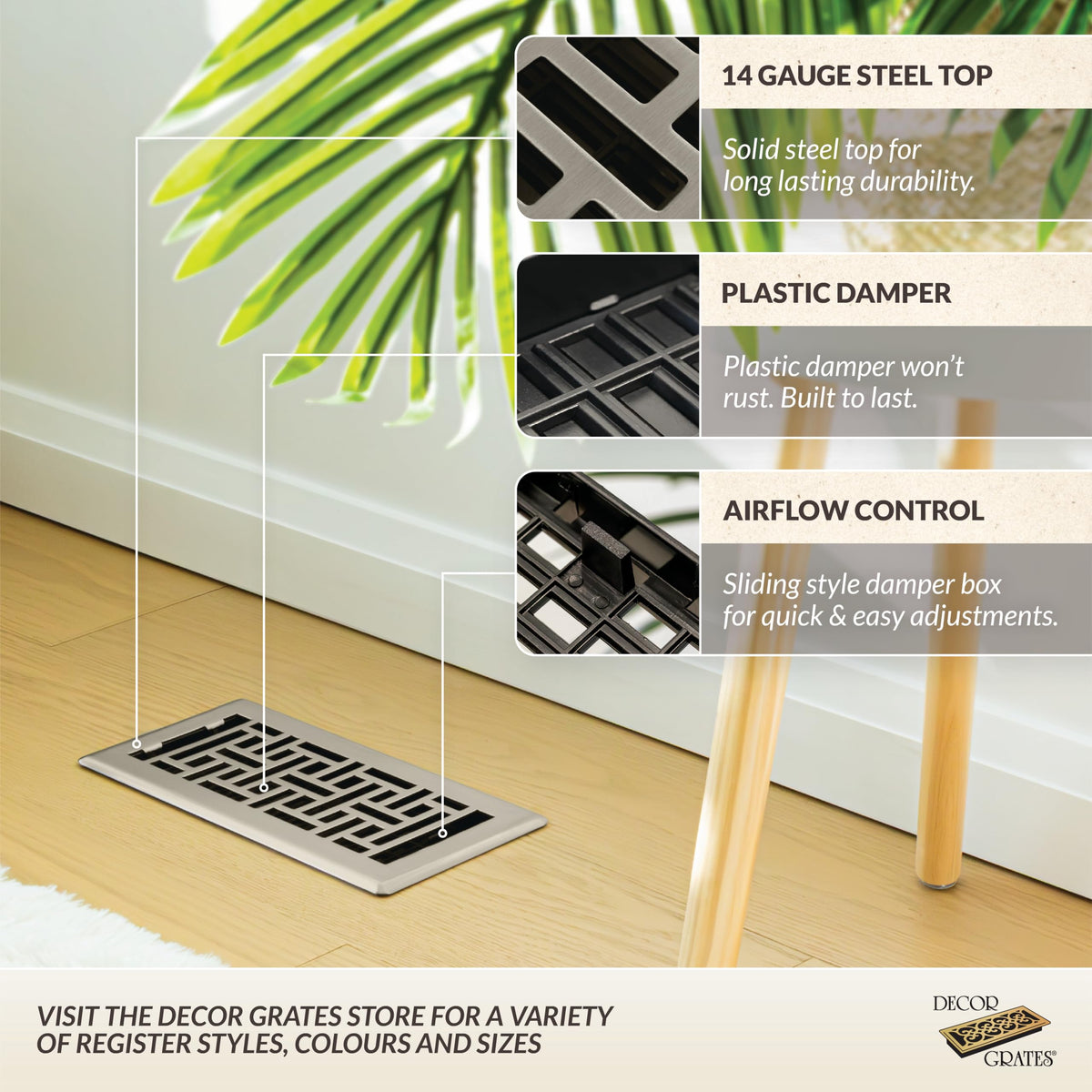 Decor Grates Oriental Floor Register, 3 x 10 Inch, Brushed Nickel