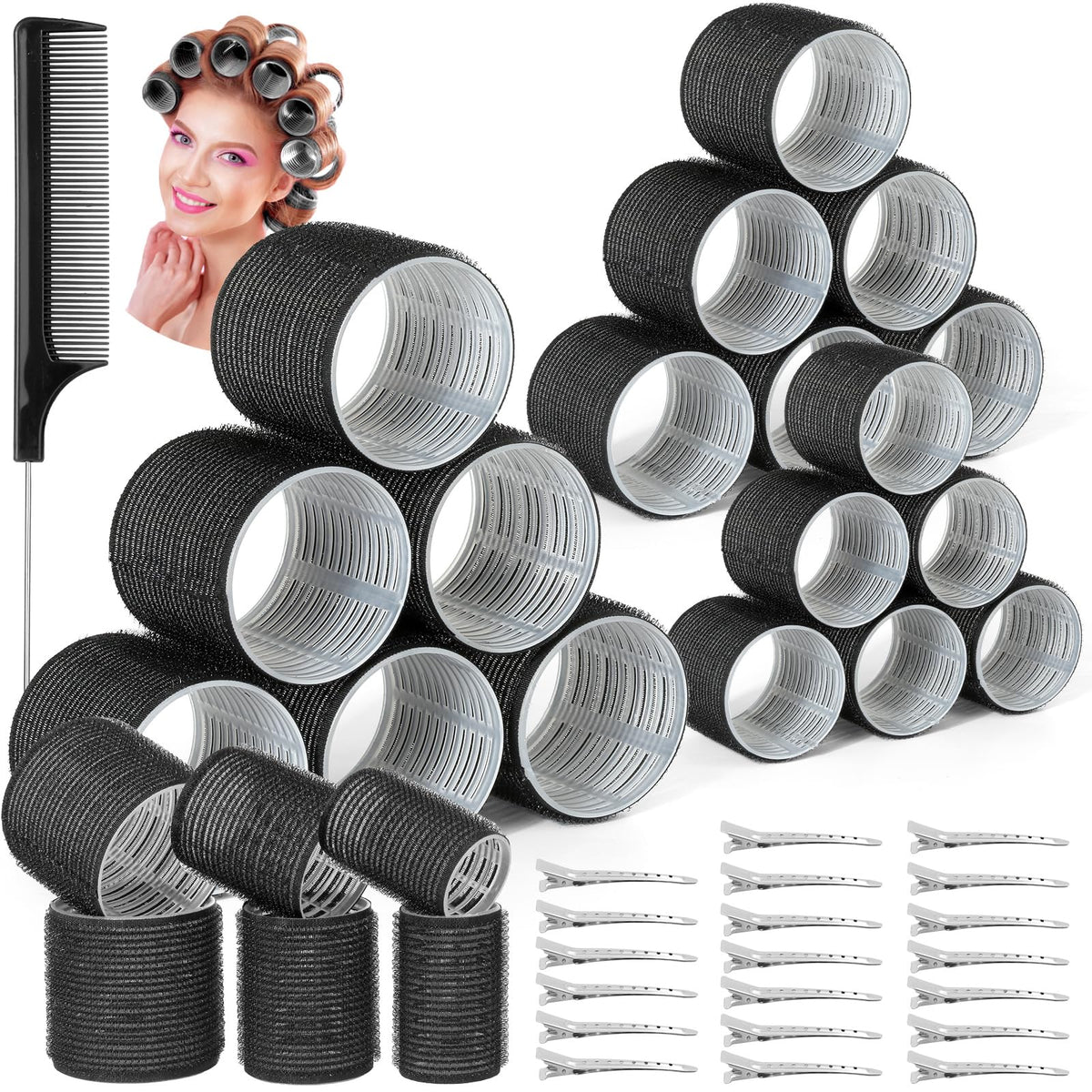 Self Grip Hair Rollers Set, 39PCS, 3 Sizes, with 12PCS Duckbill Clips