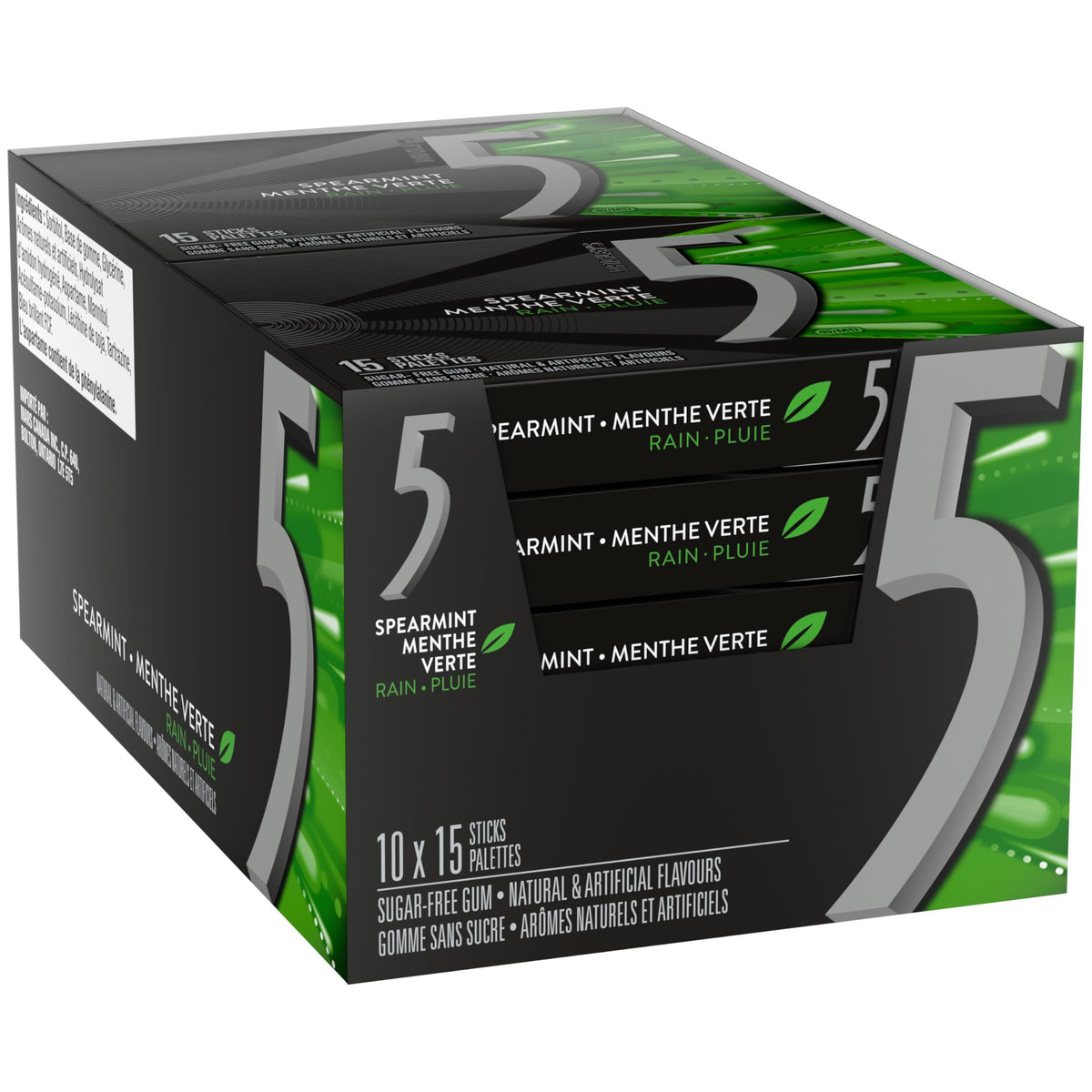 5 Gum Spearmint-Rain Sugar Free Chewing Gum, 15 Sticks, 10 Packs