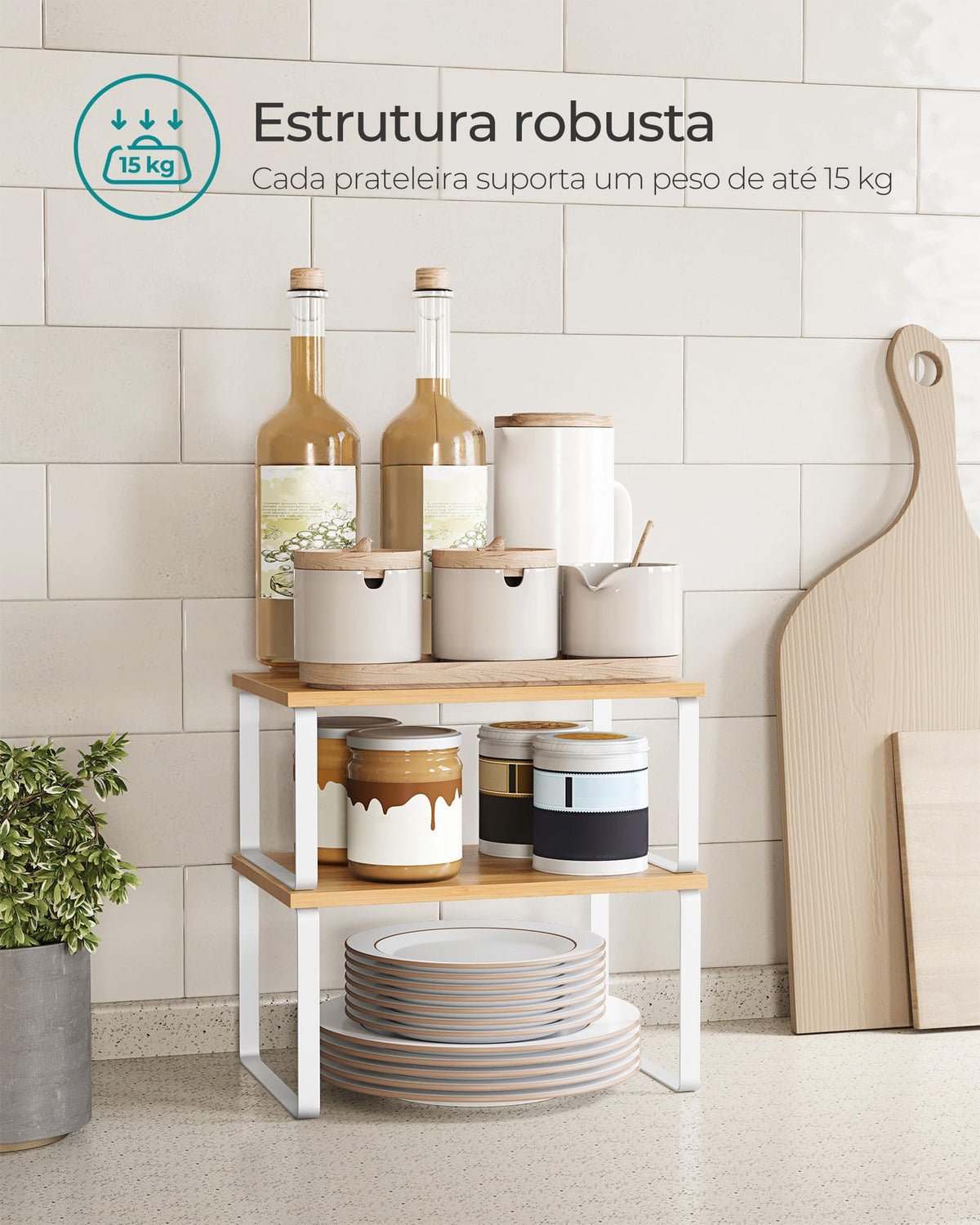 SONGMICS Stackable Cabinet Organizer Shelves, White & Beige (Set of 2)