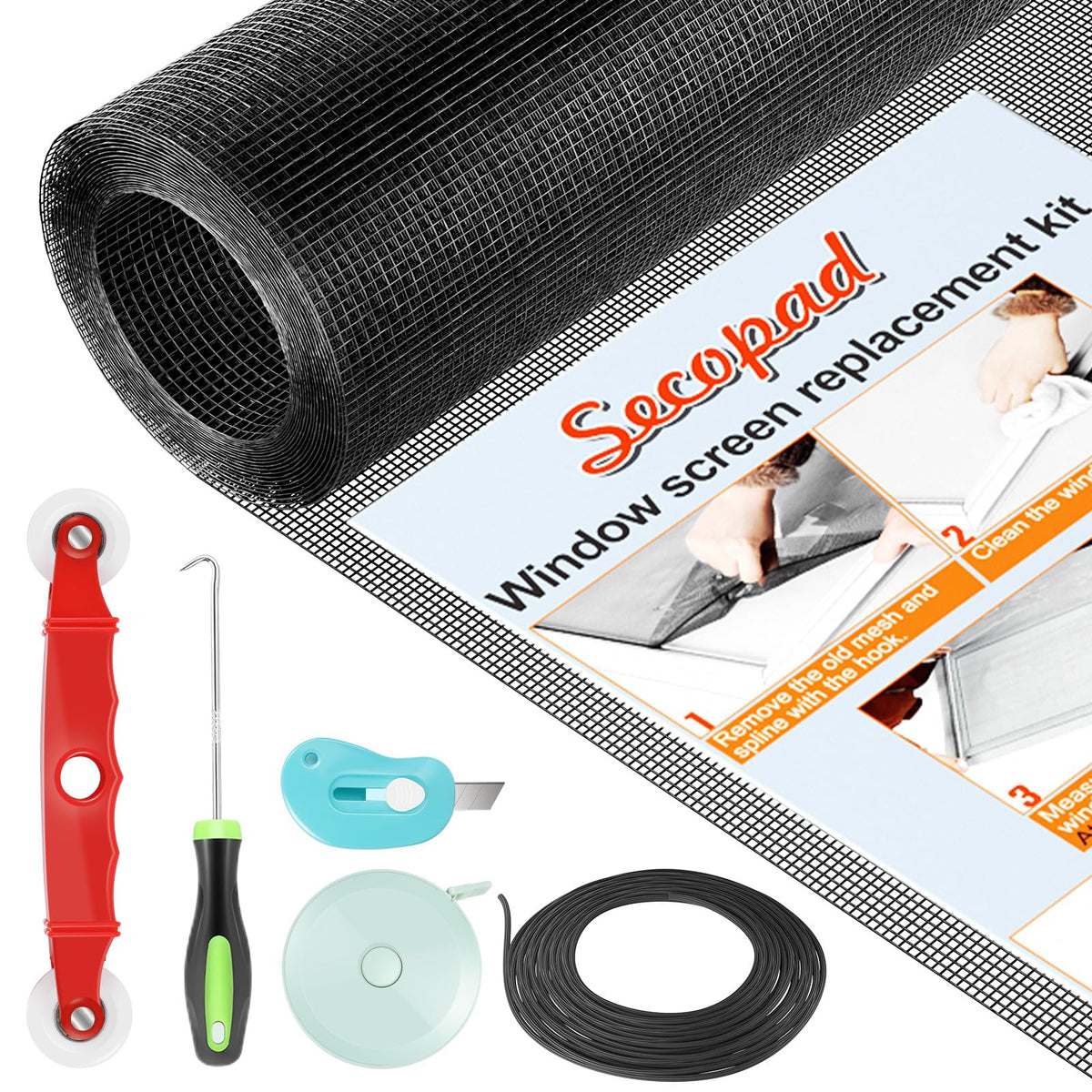 Secopad Fibreglass Window Screen Repair Kit, 39" x 78", Black