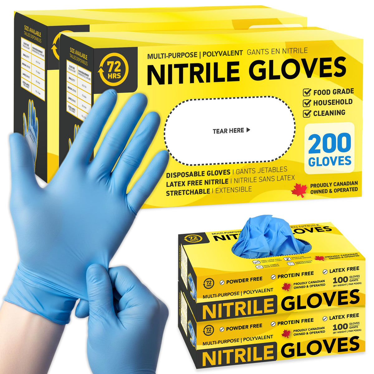 72HRS Blue Nitrile Disposable Gloves, 4 Mil, 200 Pieces, Medium
