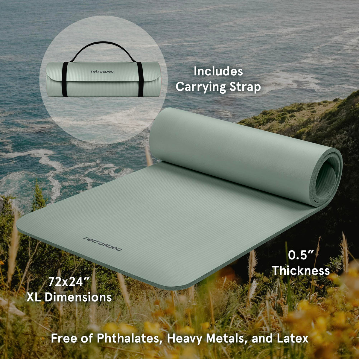 Retrospec Solana Yoga Mat, 1/2 Inch Thick, Sage
