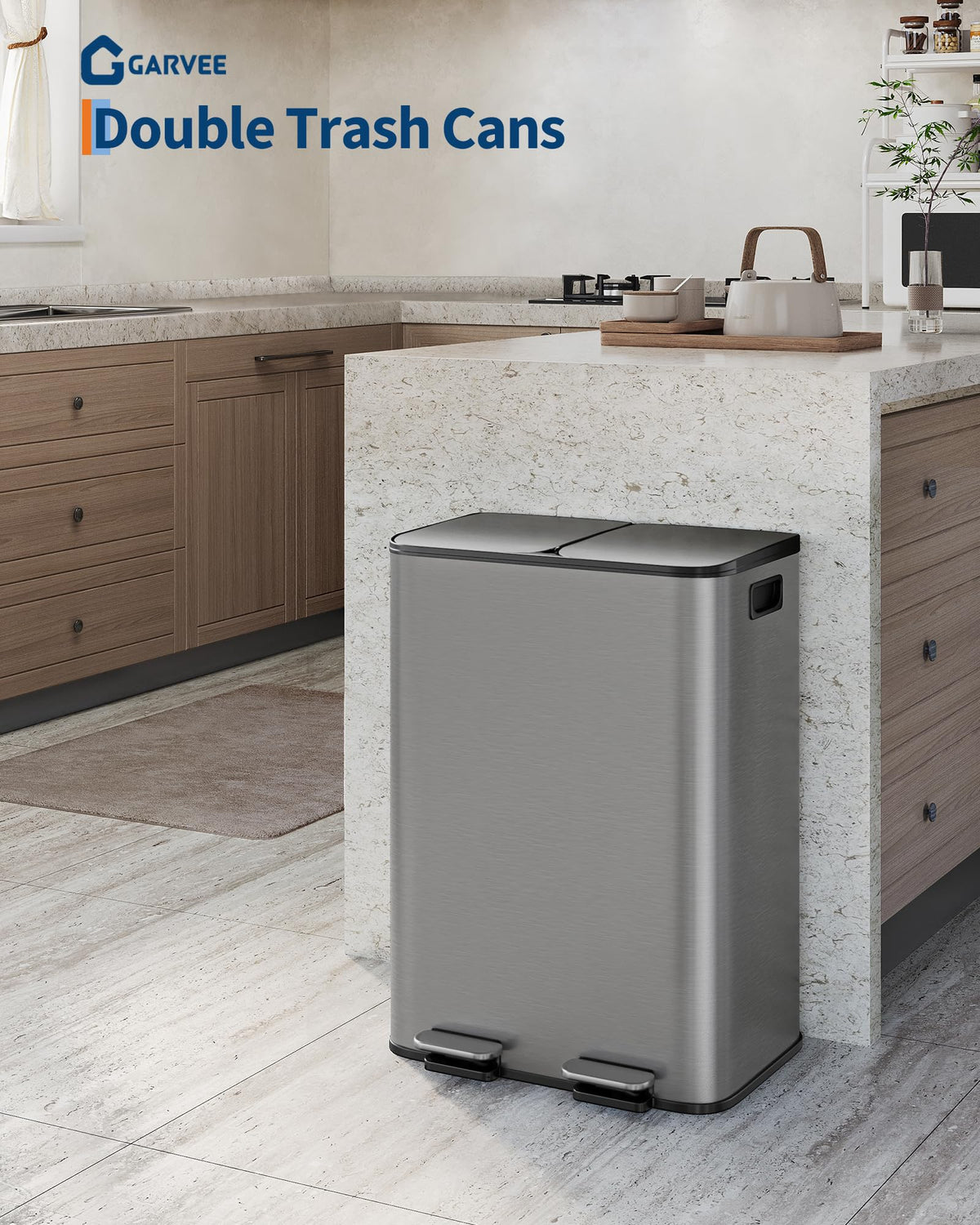 GarveeHome Double Stainless Steel Trash Can, 2 x 8 Gallon, Grey