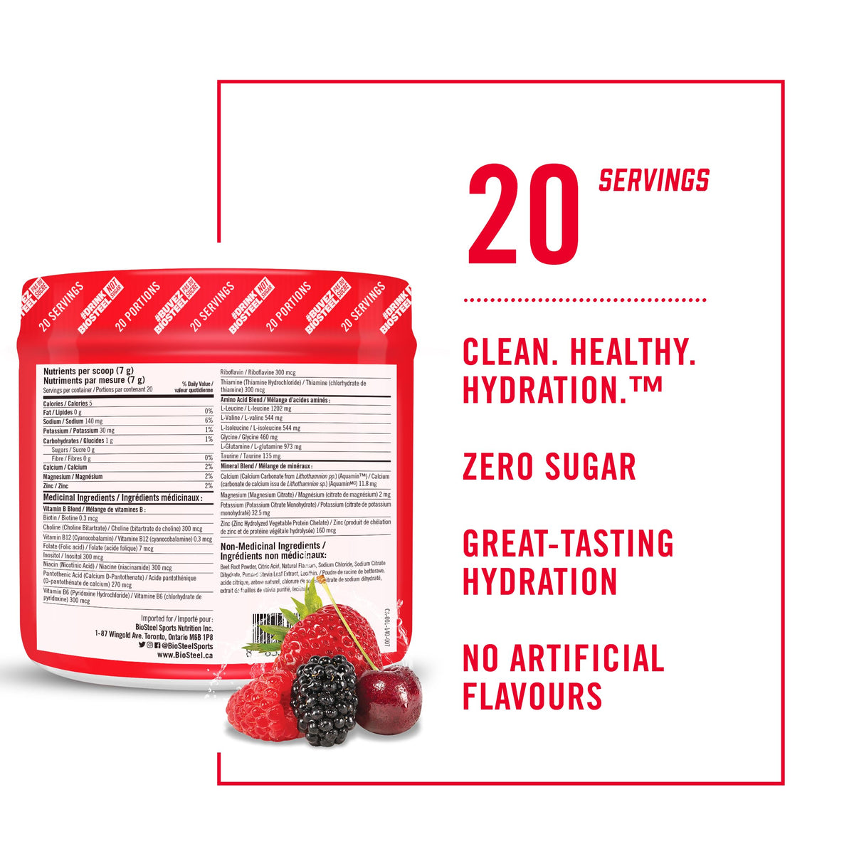 BioSteel Electrolyte Hydration Mix, Mixed Berry, 20 Servings