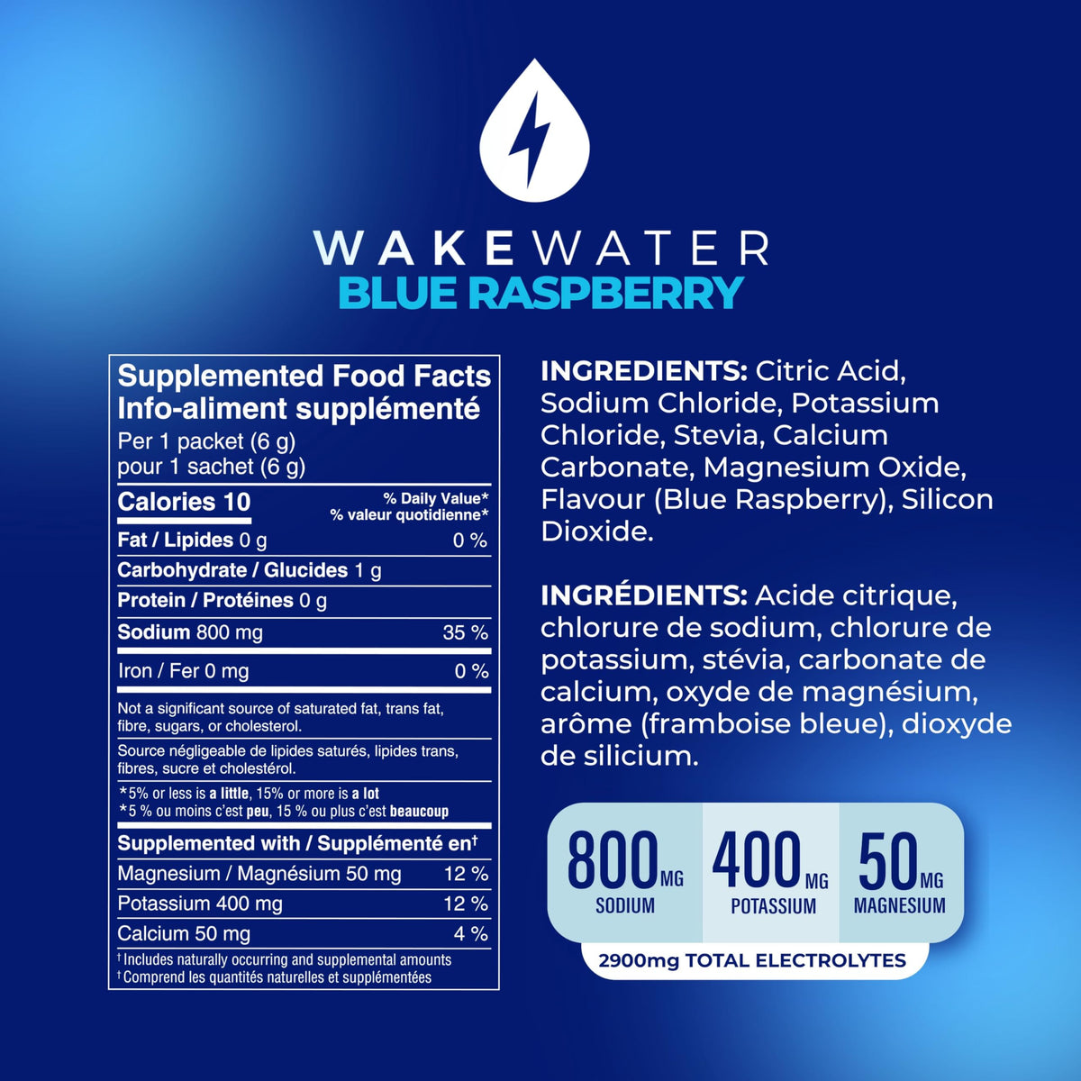 Wake Water Sugar Free Electrolyte Packets, Blue Raspberry (10 Pack)