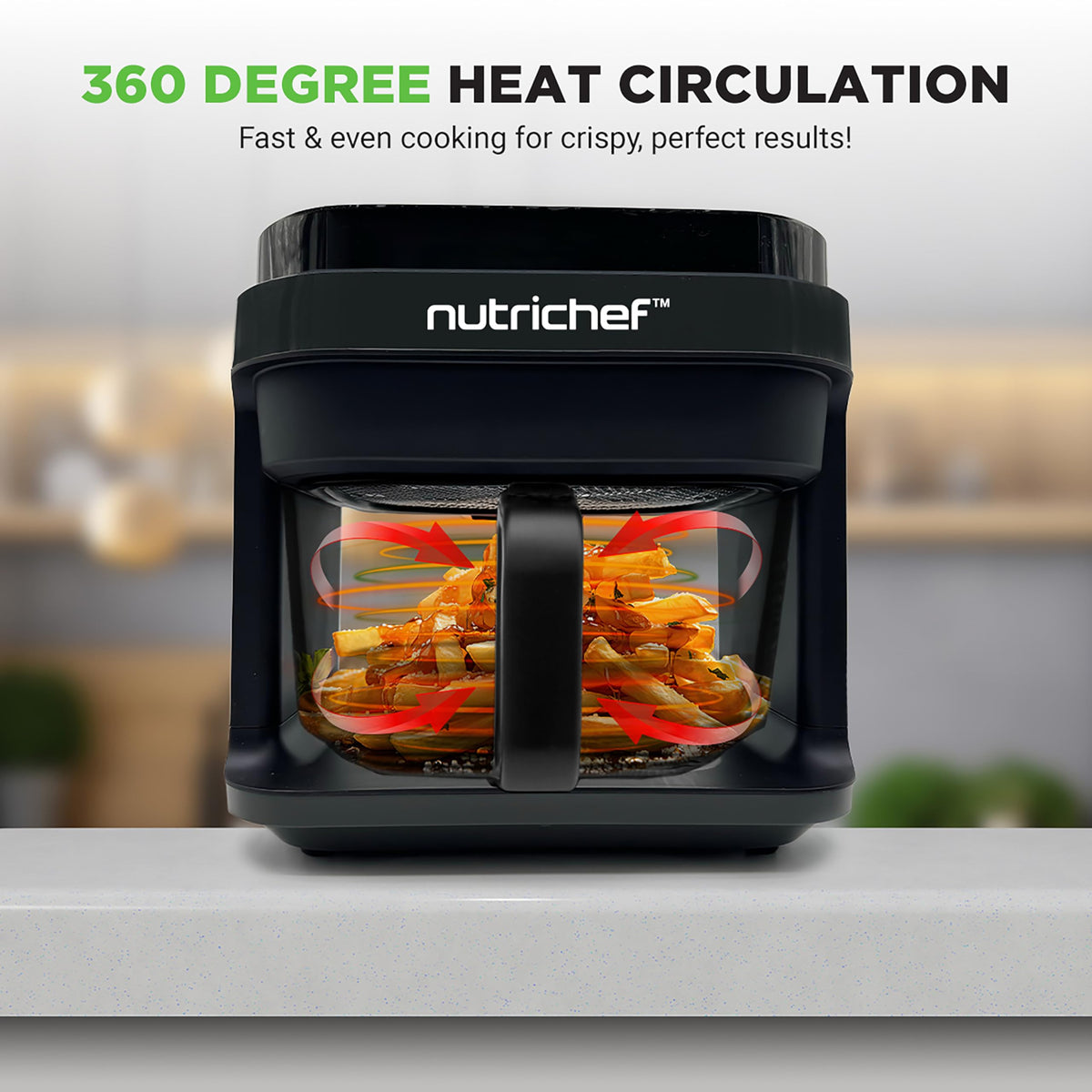 Nutrichef Air Fryer, 8 Preset Cook Modes, Black, 5.8 Quart