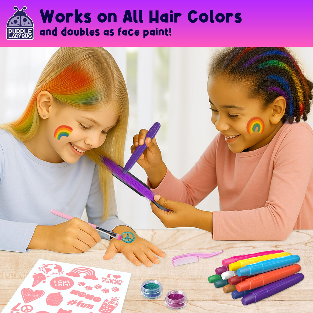 Purple Ladybug Temporary Hair Chalk for Kids, 12 Colours