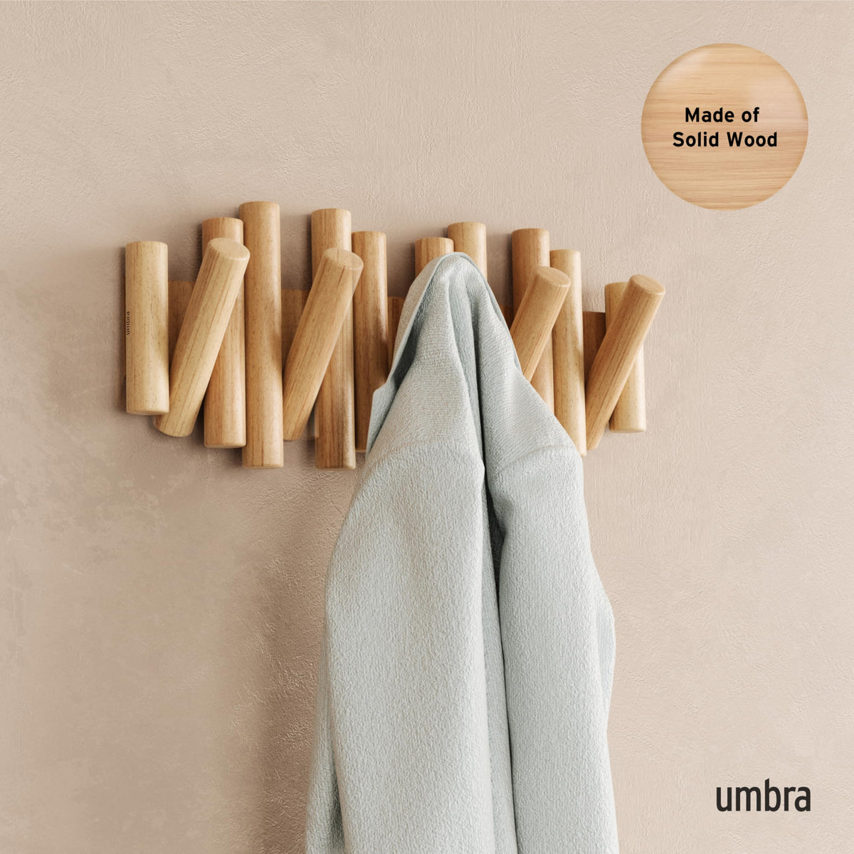 Umbra Picket Coat Rack, 5 Flip-Down Wood Hooks, Natural