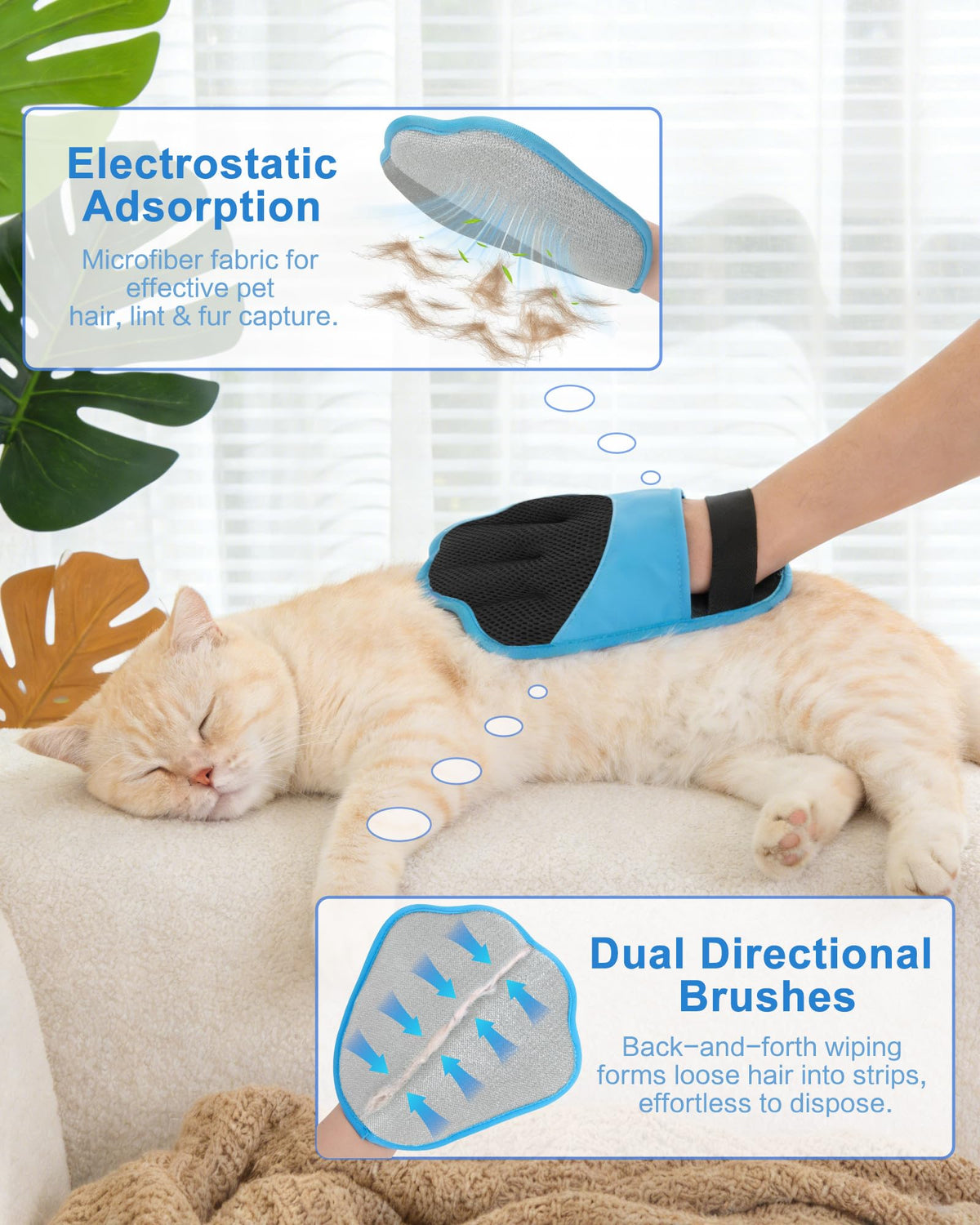 Five-Finger Electrostatic Pet Hair Removal Gloves, Blue (2 Pairs)