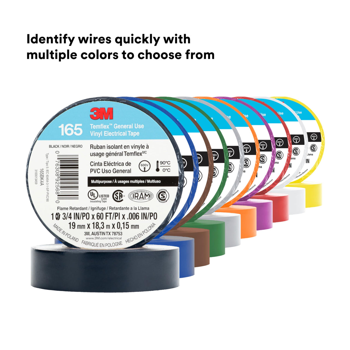 3M Temflex 165 Vinyl Electrical Tape, Black, 3/4 in x 60 ft, 10 Rolls
