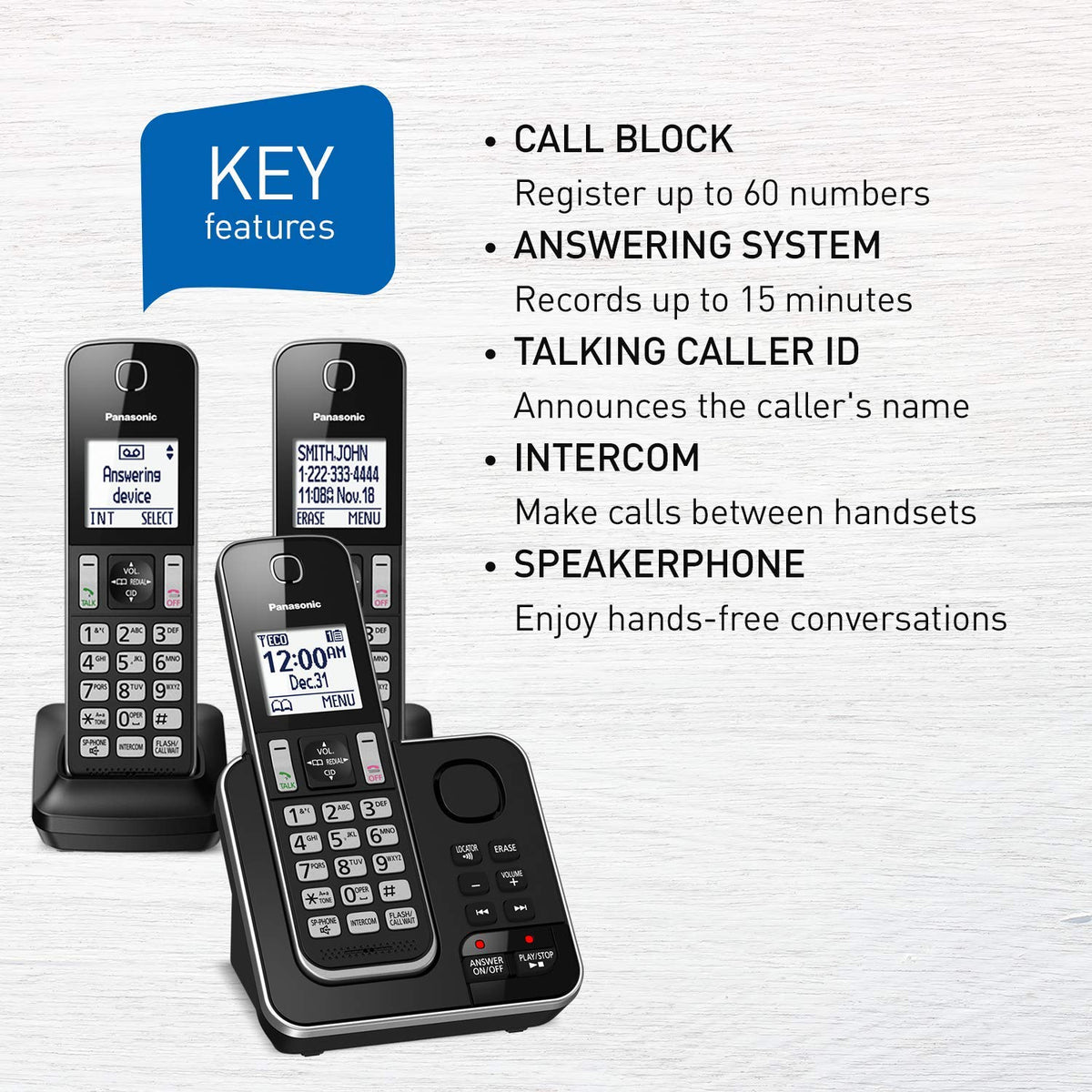 Panasonic DECT 6.0 Cordless Phone, KX-TGD393CB, 3 Handsets, Black