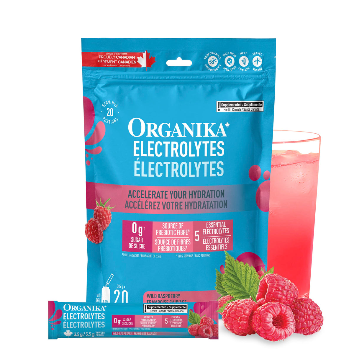 Organika Electrolytes Powder, Wild Raspberry, 20 Sachets