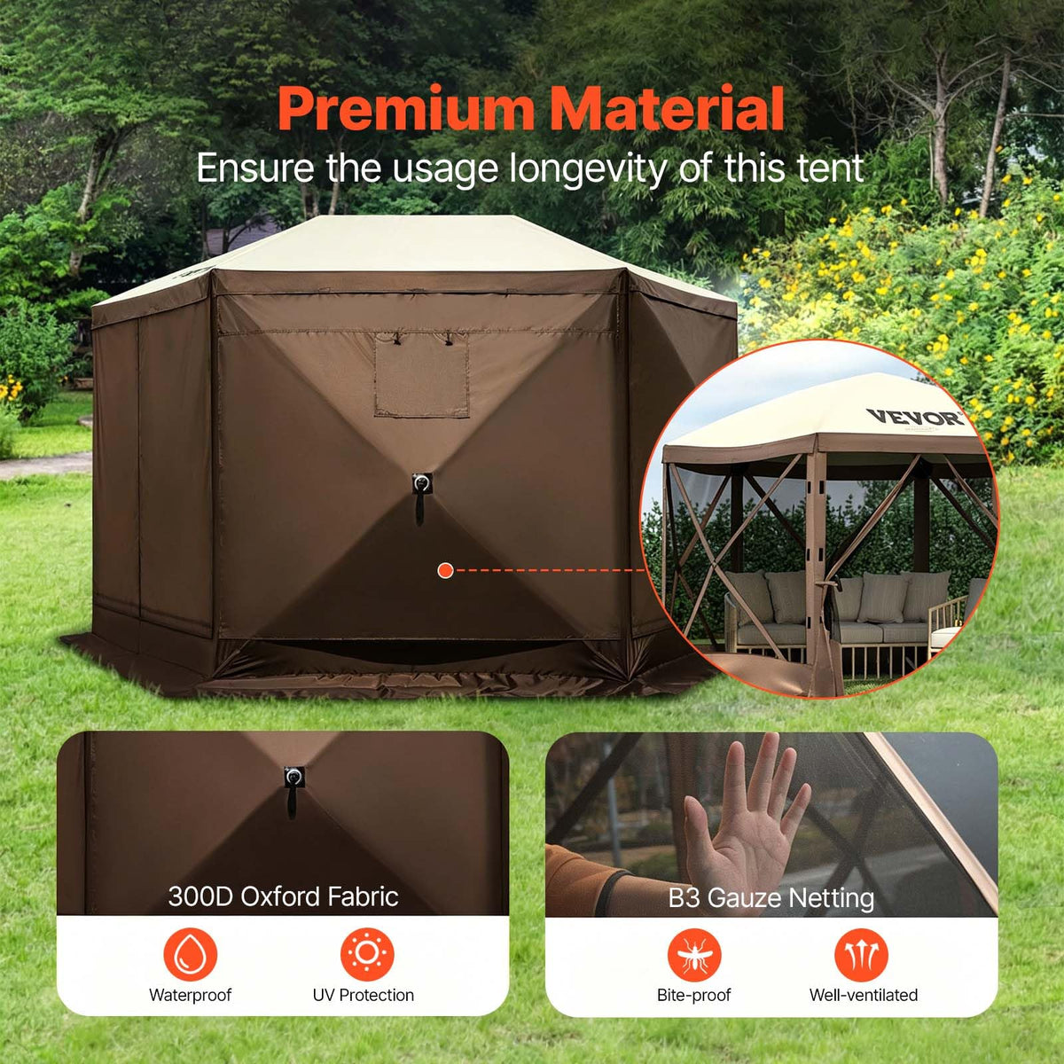 VEVOR 6-Sided Pop-Up Gazebo Screen Tent, 12' x 12', Brown & Beige