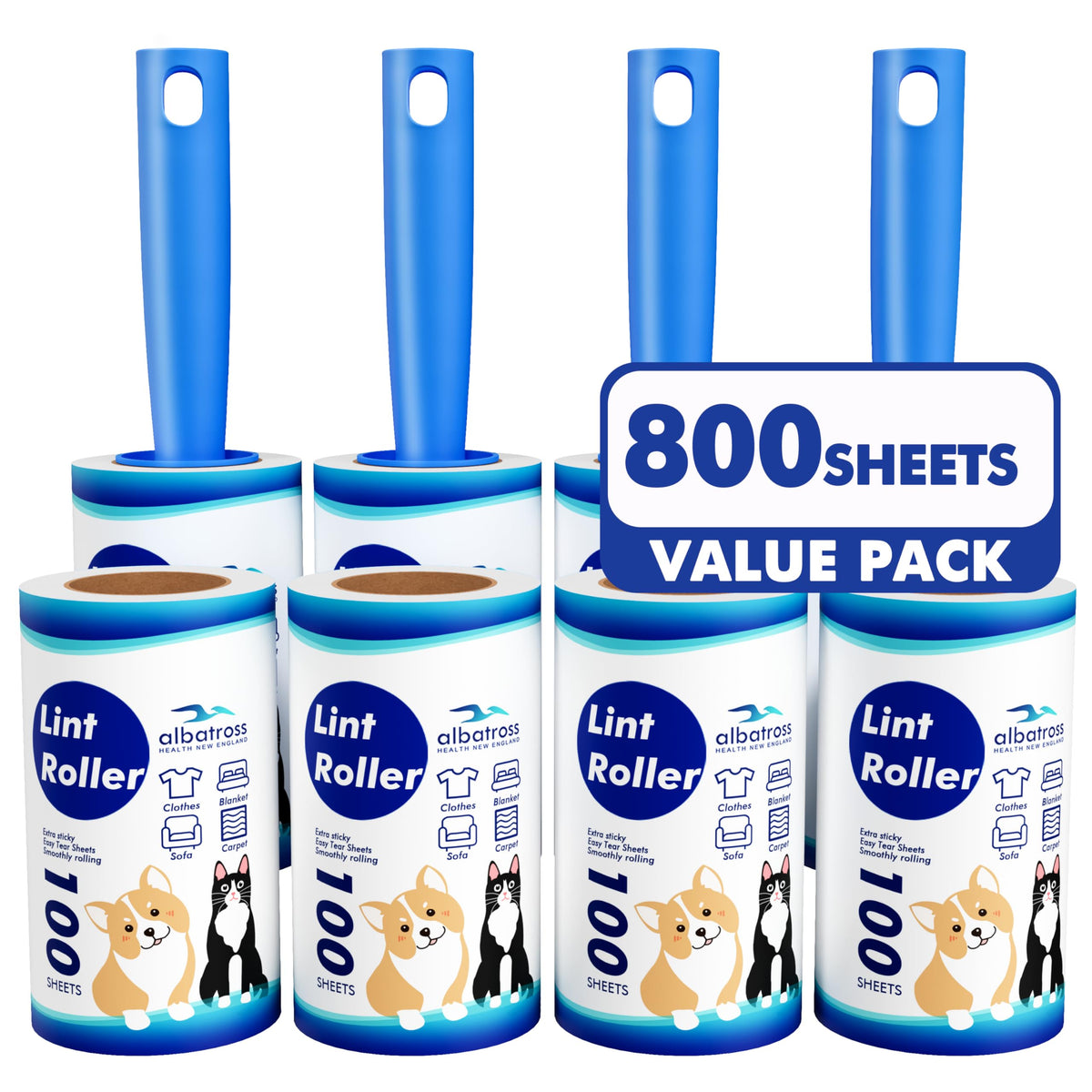 Extra Sticky Pet Hair Lint Rollers, 800 Sheets, 8 Rollers