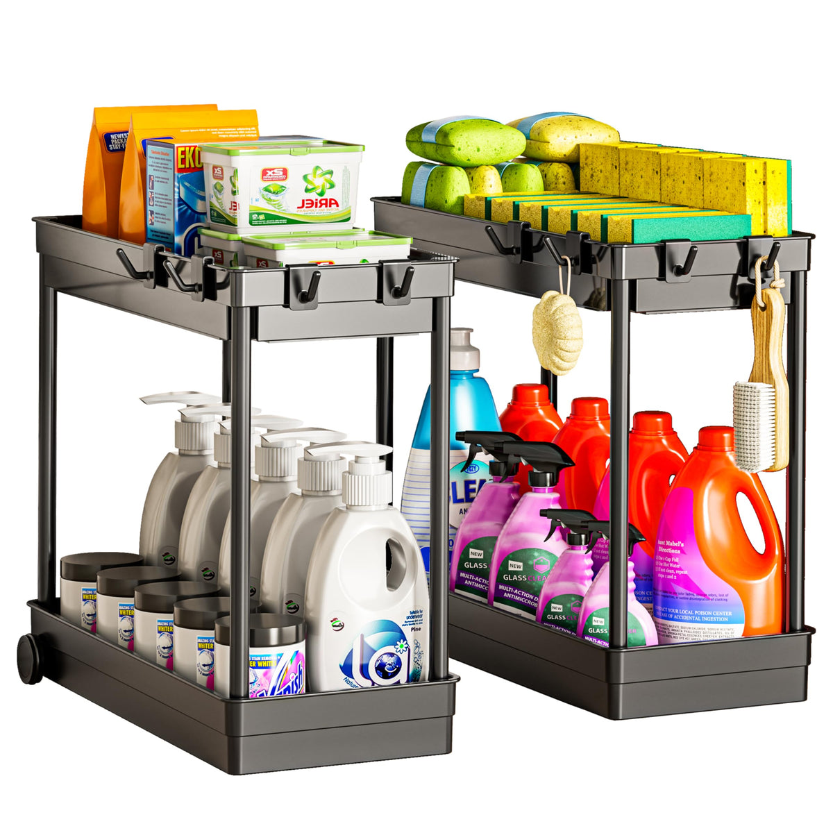 Cicilyna 2-Tier Under Sink Organizer with Hook, Black, 2 Pack