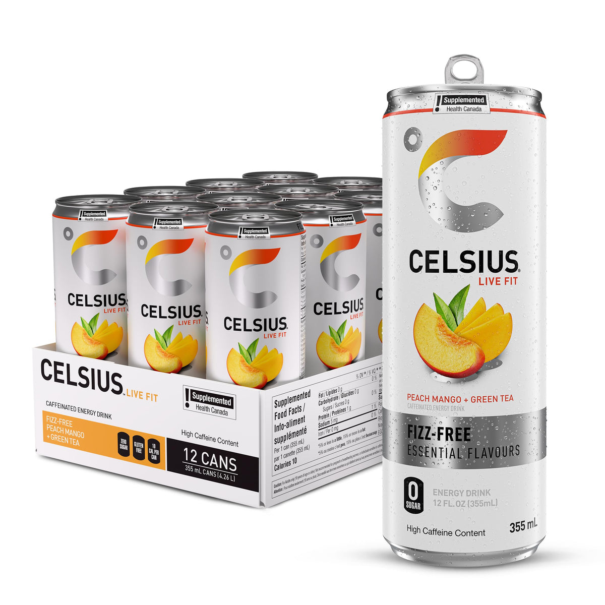 Celsius Fizz Free Peach Mango Energy Drink, 335 mL, 12 Pack