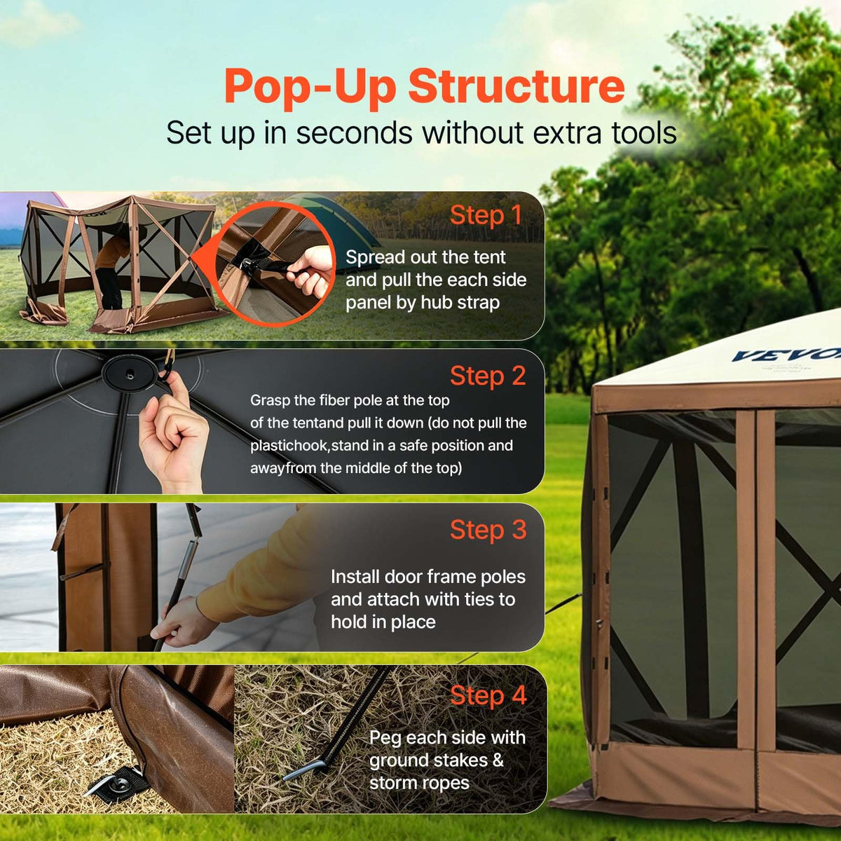 VEVOR 6-Sided Pop-Up Gazebo Screen Tent, 12' x 12', Brown & Beige