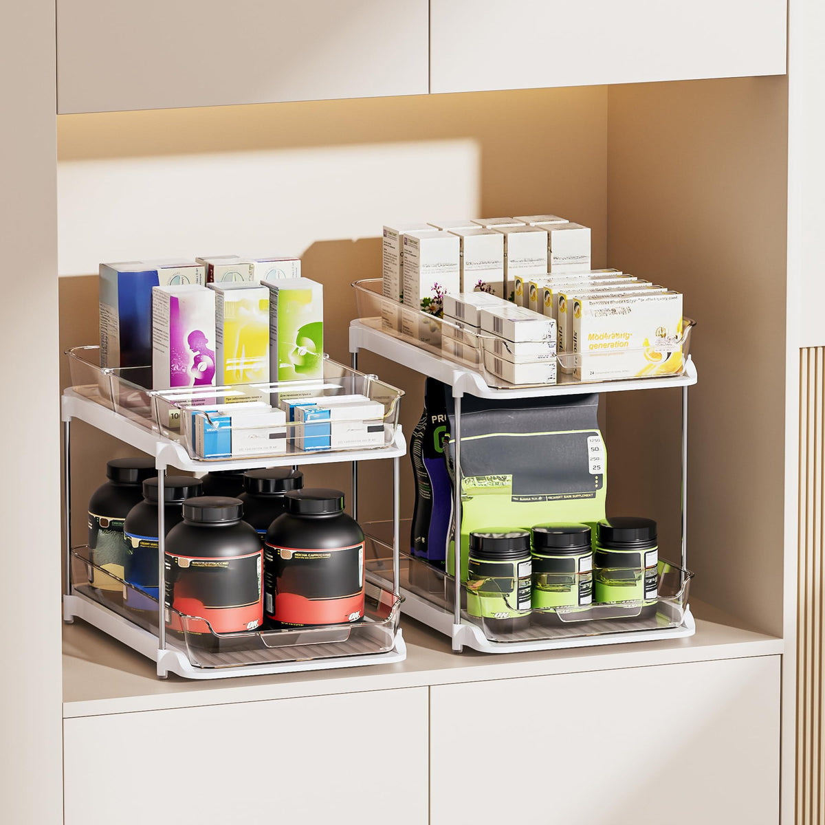 Delamu 2-Tier Under Sink Organizer with Dividers, White, 2 Pack