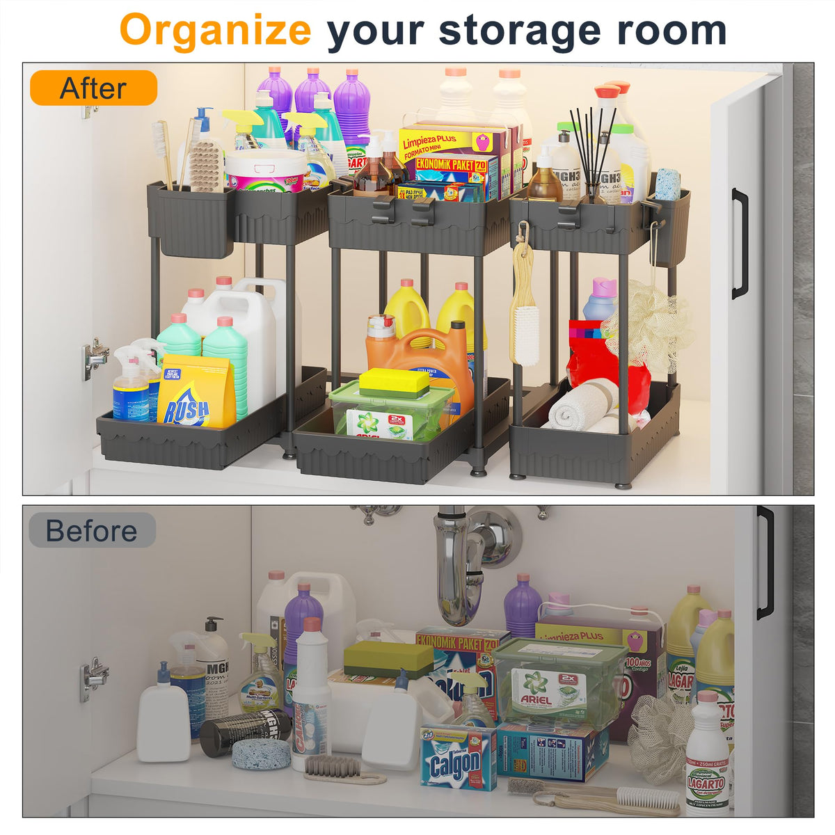 Sevenblue Under Sink Organizer, 2 Tier, 3 Pack, Black