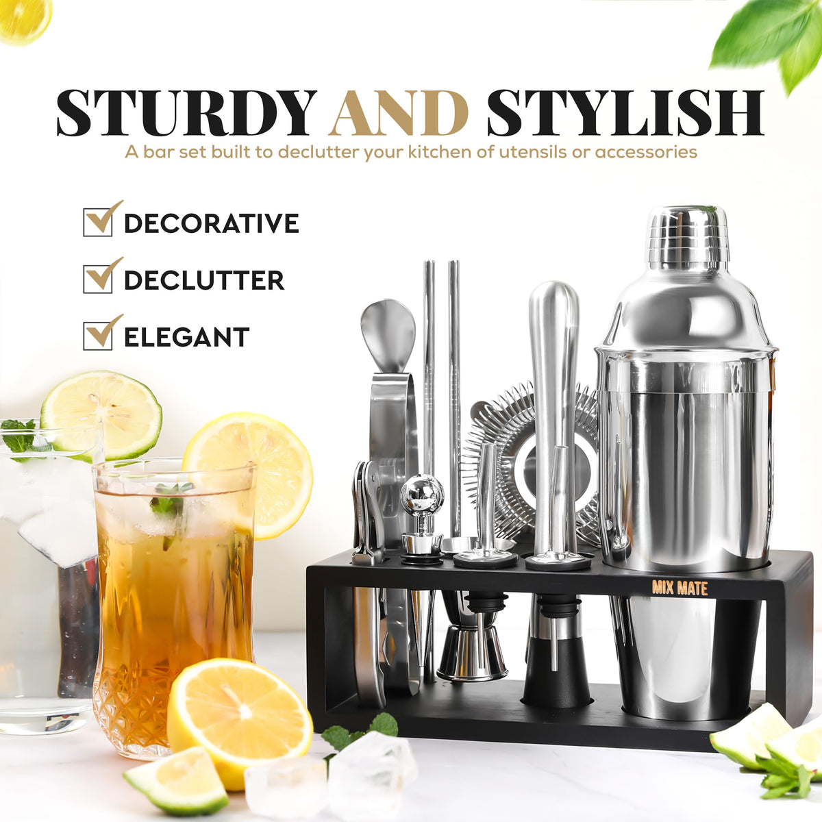 Mixology Bartender Kit with Stand, 15 Piece Bar Tool Set, Silver