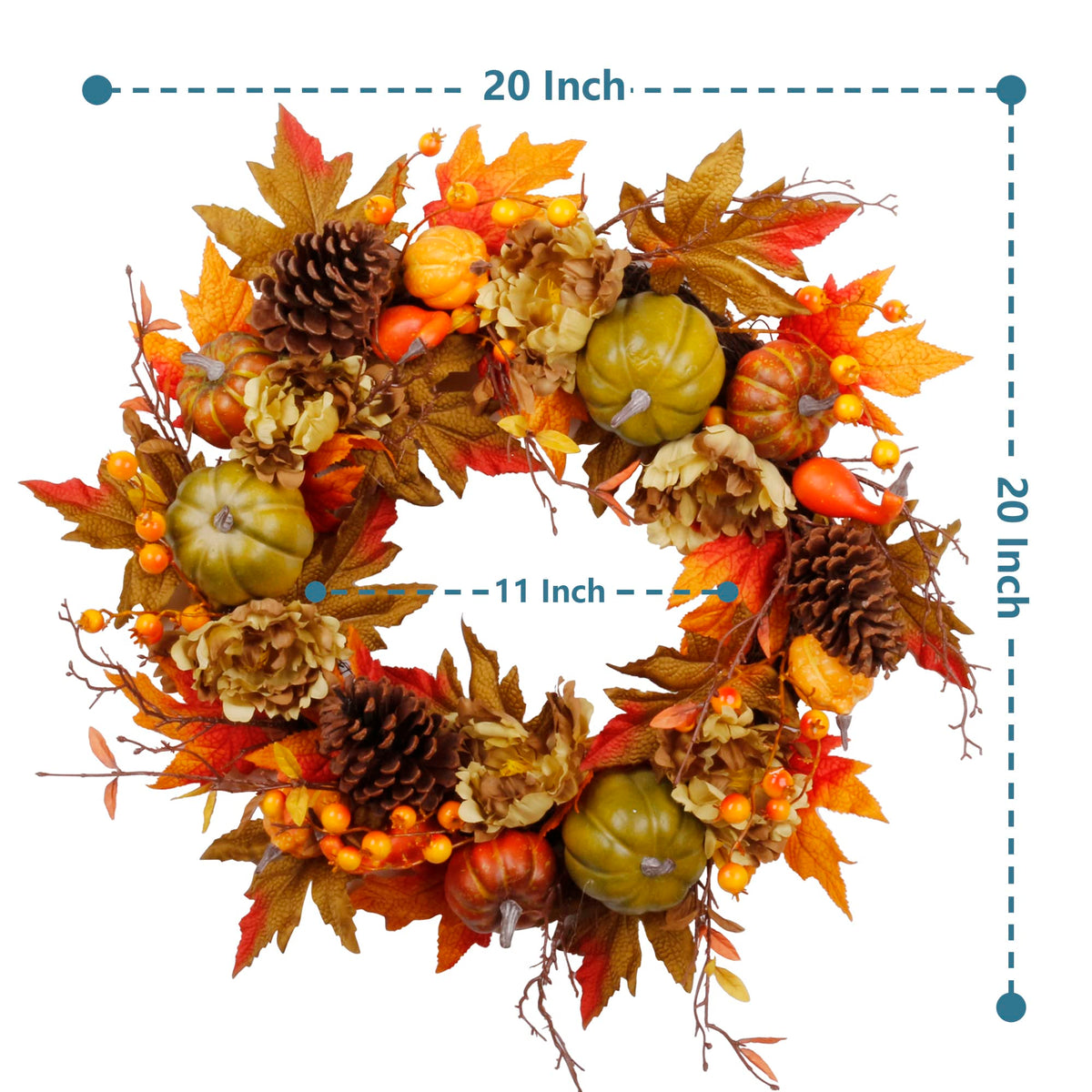 SOFTFLAME 20" Fall Wreath for Front Door with Pumpkin