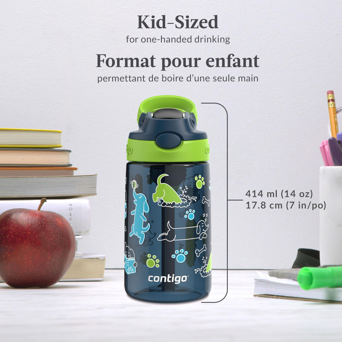 Contigo Kids Aubrey Straw Water Bottle, 14 oz, Lime with Dogs