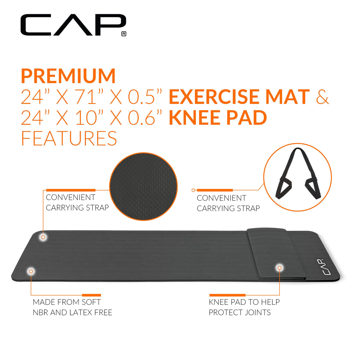 CAP Barbell Yoga Mat with Carrying Strap and Knee Pad, 1/2", Black