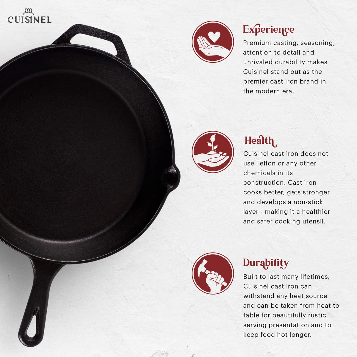 Cuisinel Cast Iron Skillet with Silicone Grip Cover, 12-Inch